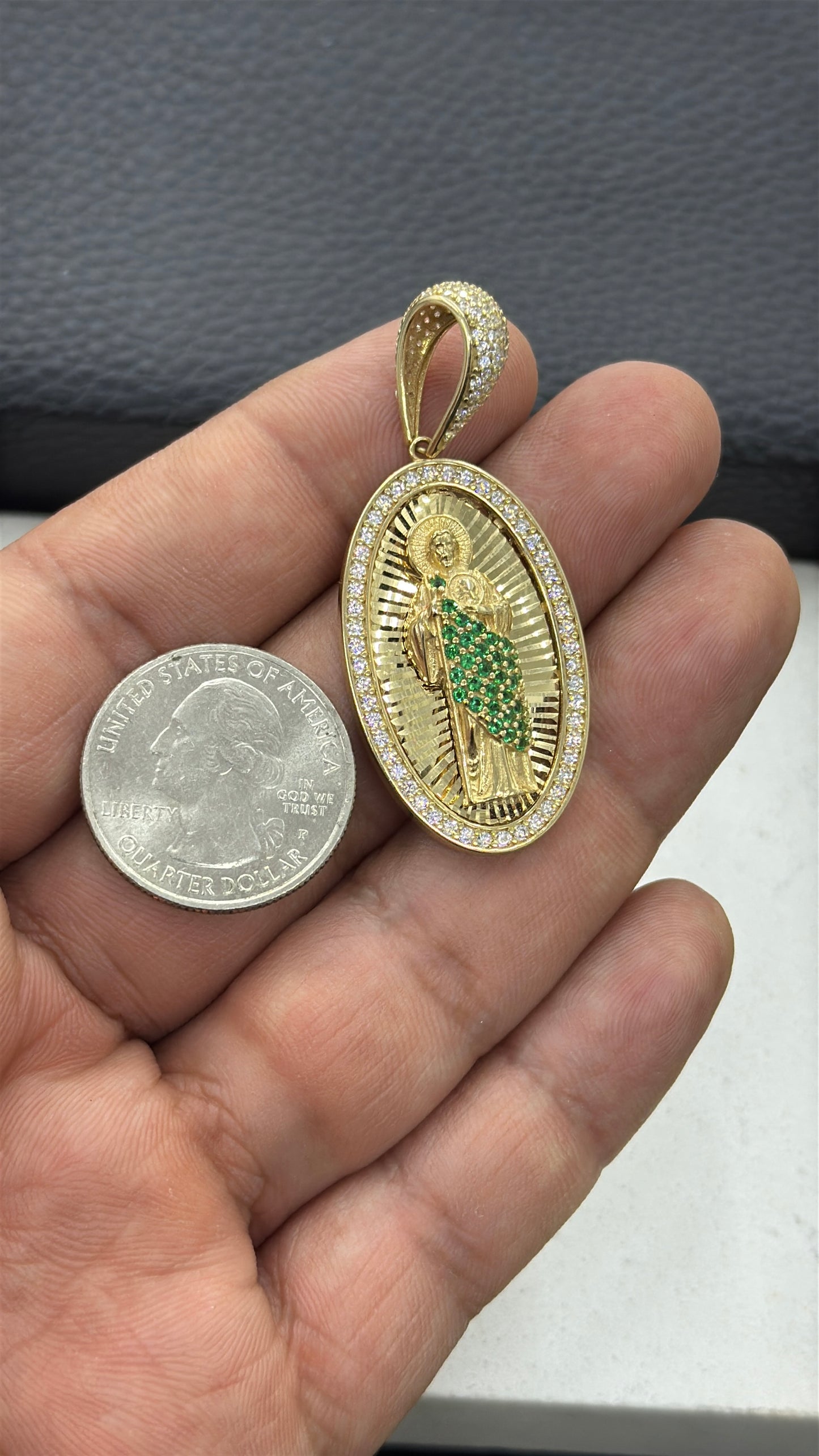14K Yellow Gold Oval CZ San Judas Pendant 38x22mm