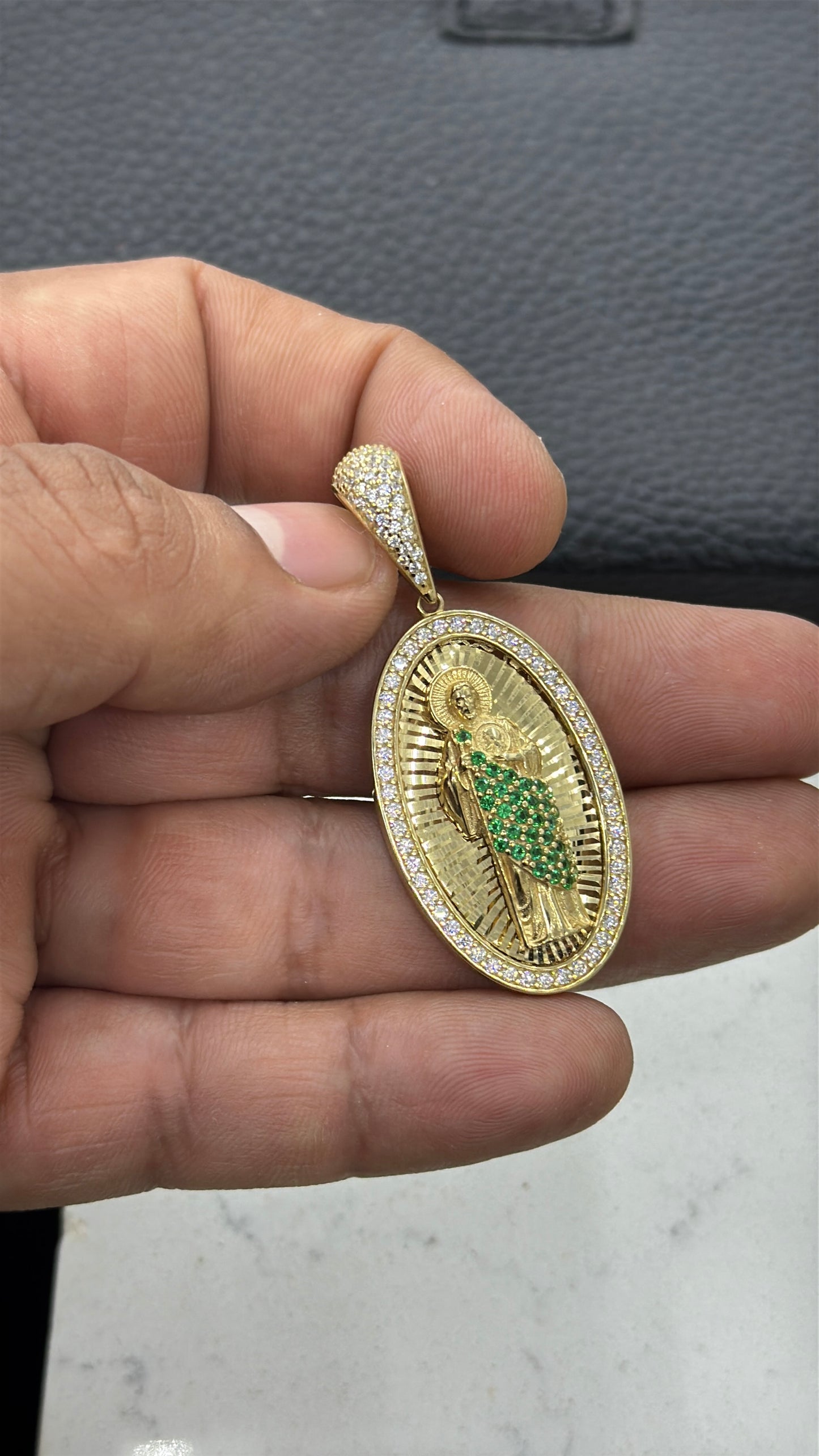 14K Yellow Gold Oval CZ San Judas Pendant 38x22mm