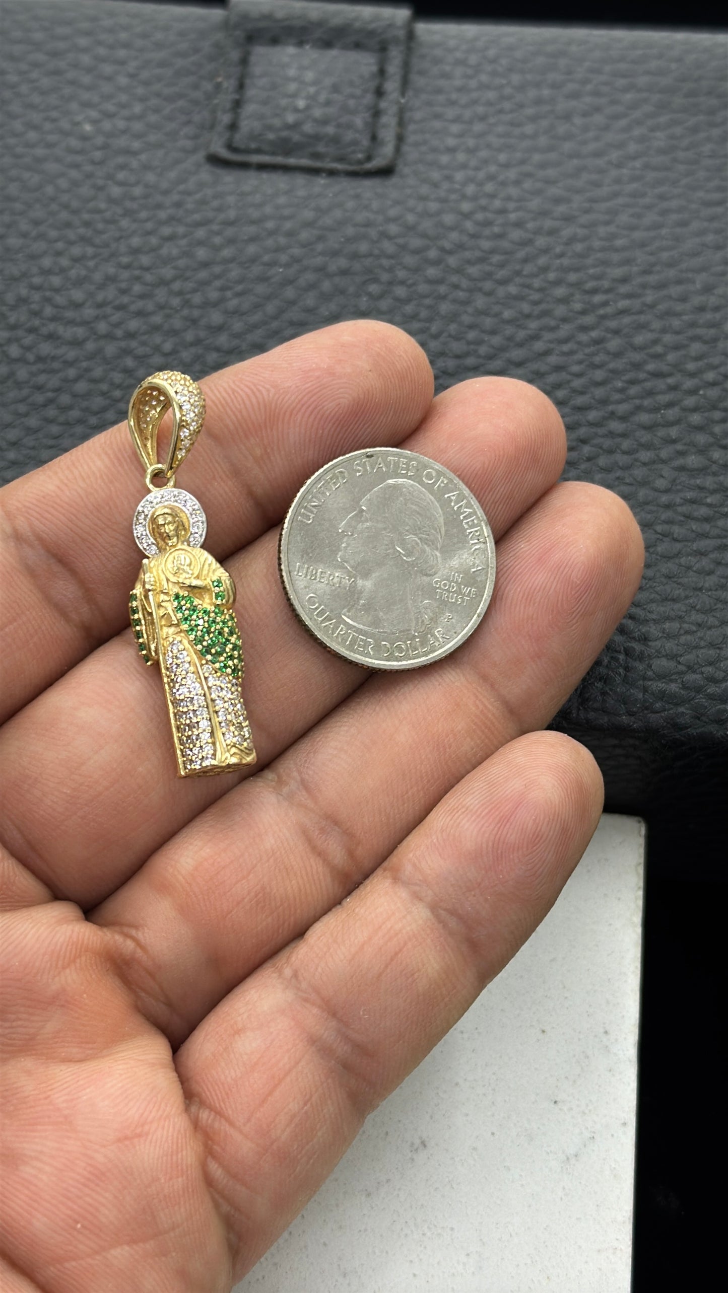 CZ Green & Clear San Judas Pendant 14K Gold 33x11mm