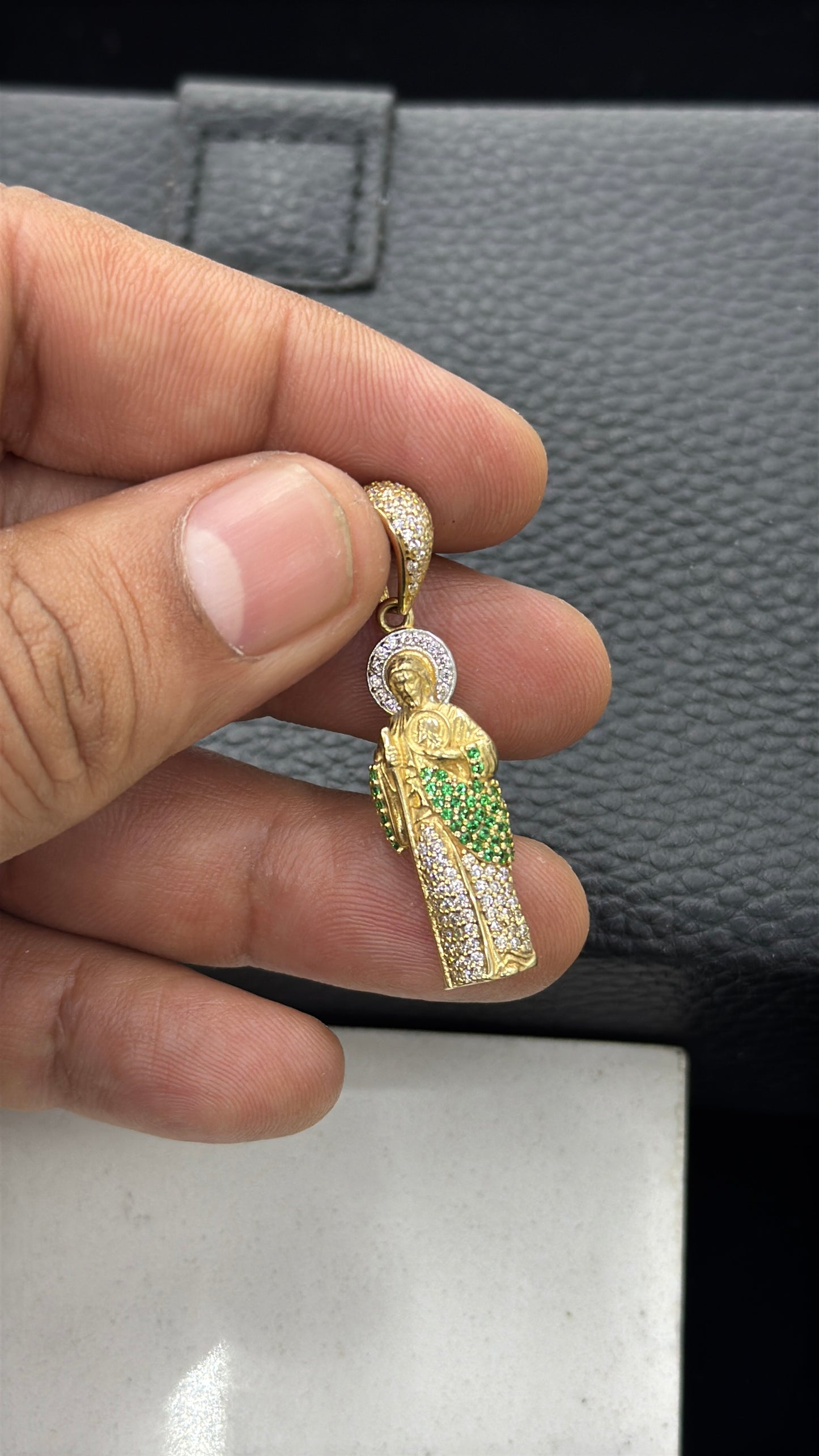 CZ Green & Clear San Judas Pendant 14K Gold 33x11mm