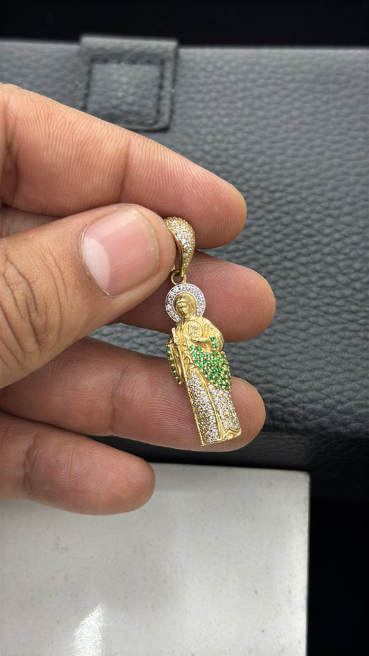 CZ Green & Clear San Judas Pendant 14K Gold 33x11mm
