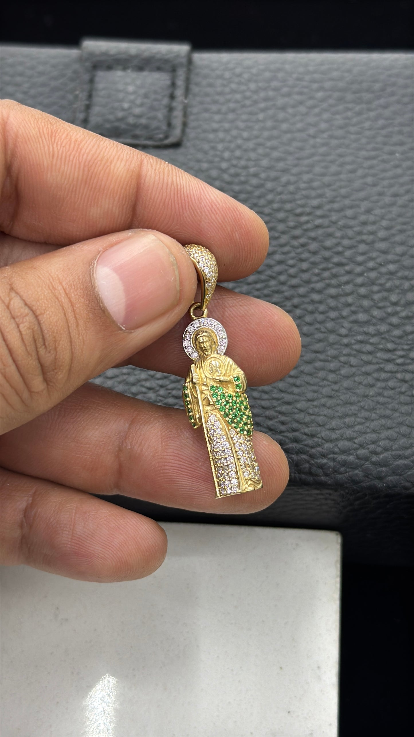 CZ Green & Clear San Judas Pendant 14K Gold 33x11mm