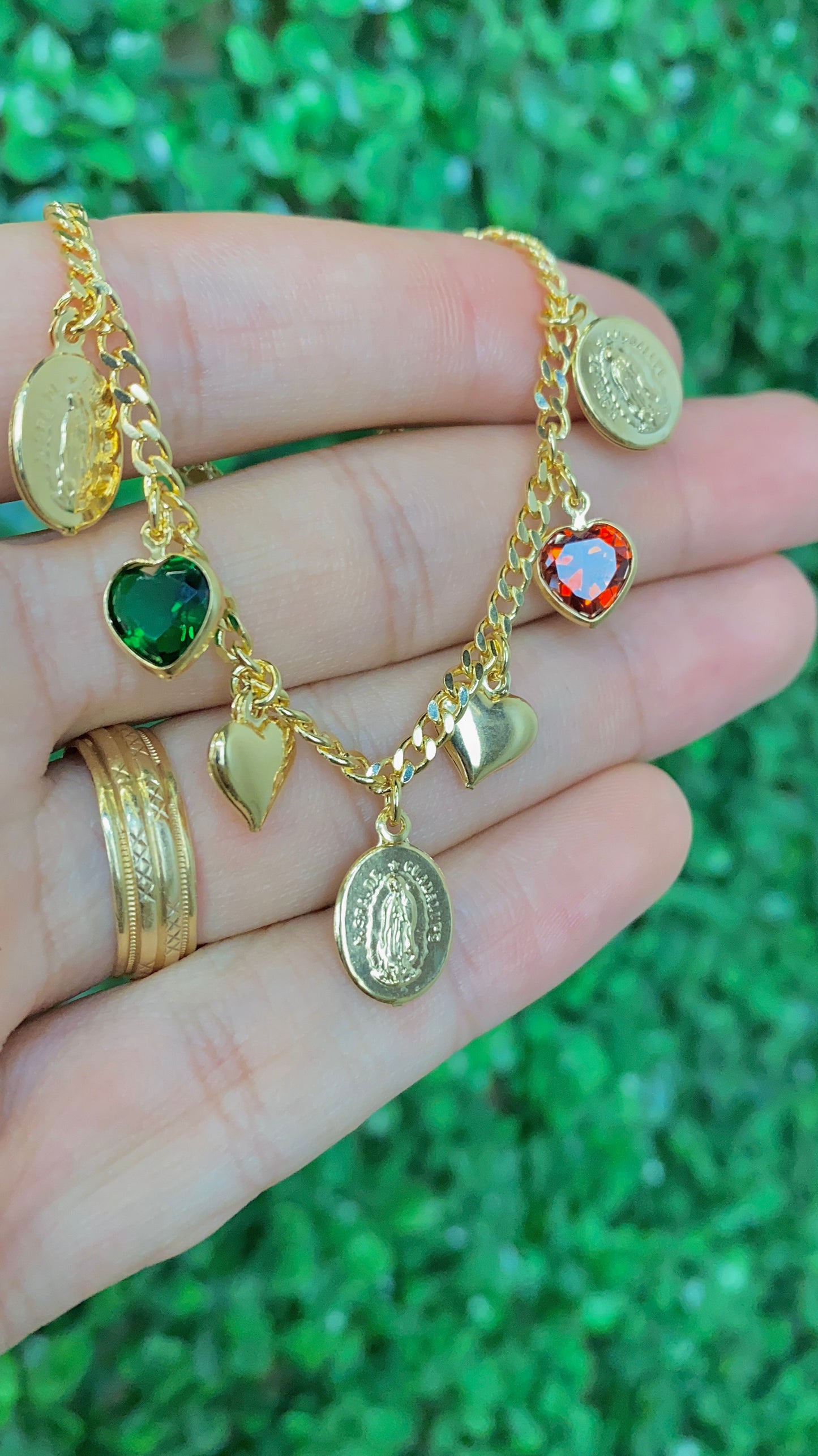 Curb Heart CZ Virgen de Guadalupe Bracelet 7.5"