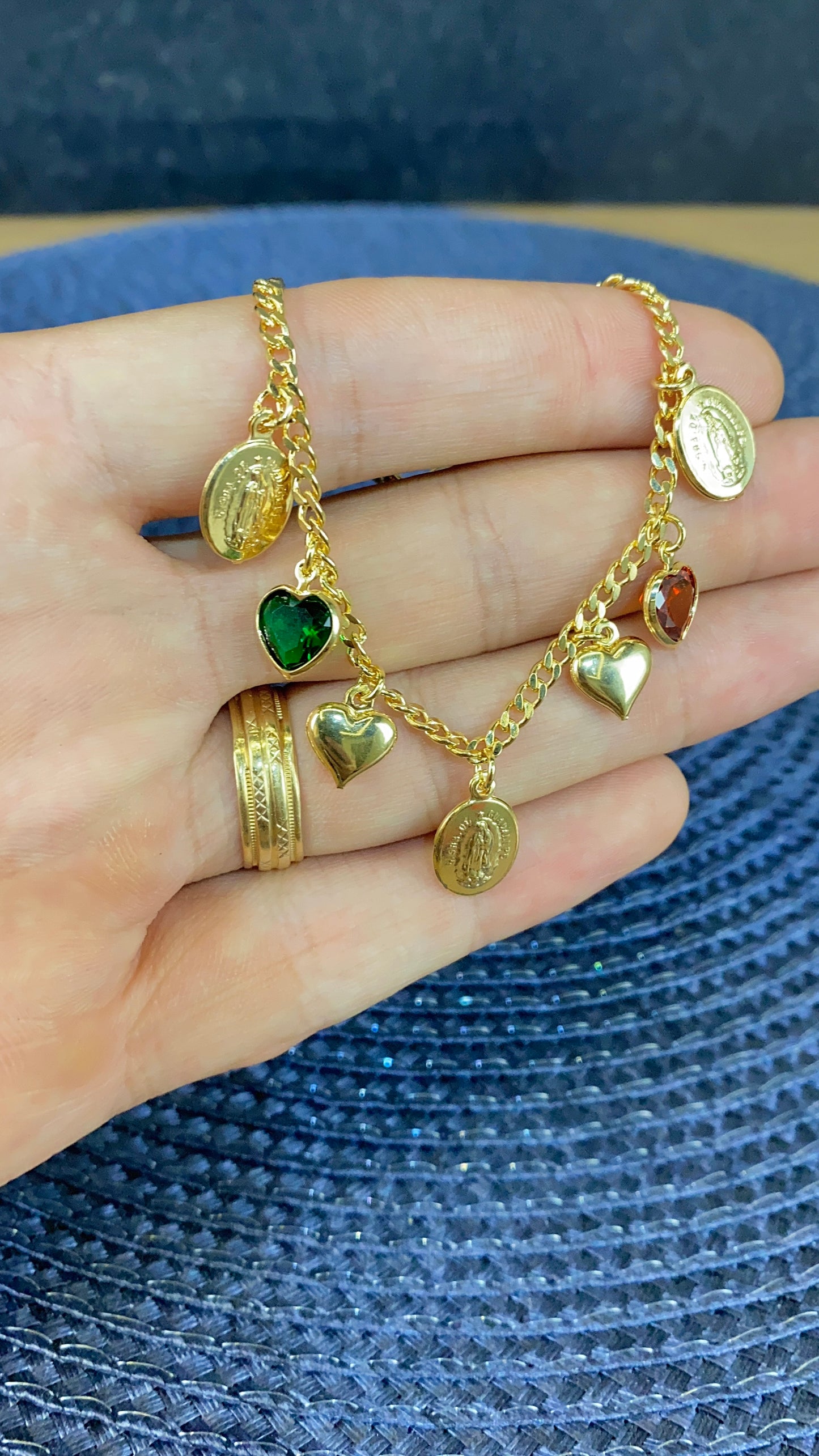 Curb Heart CZ Virgen de Guadalupe Bracelet 7.5"
