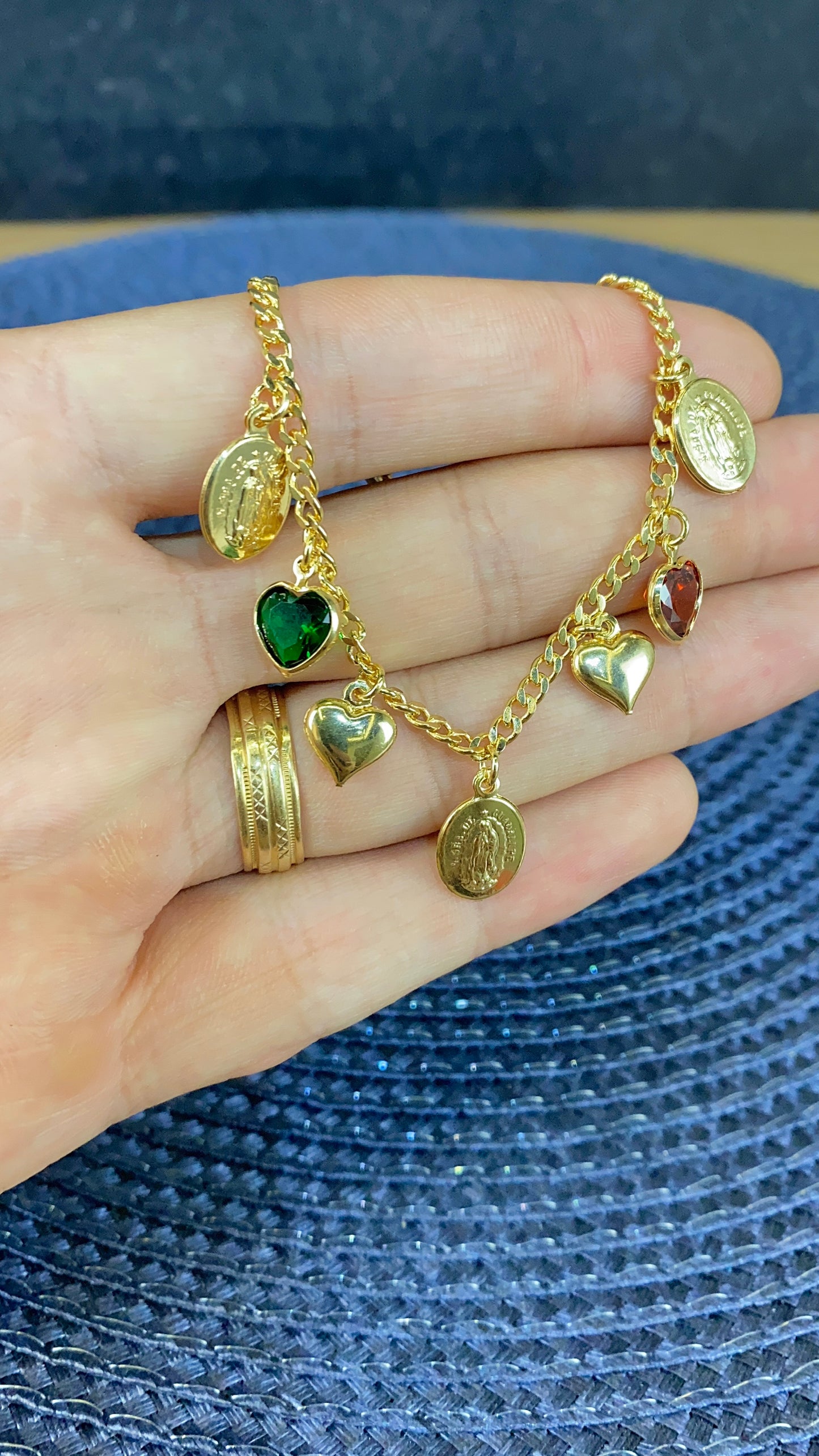 Curb Heart CZ Virgen de Guadalupe Bracelet 7.5"