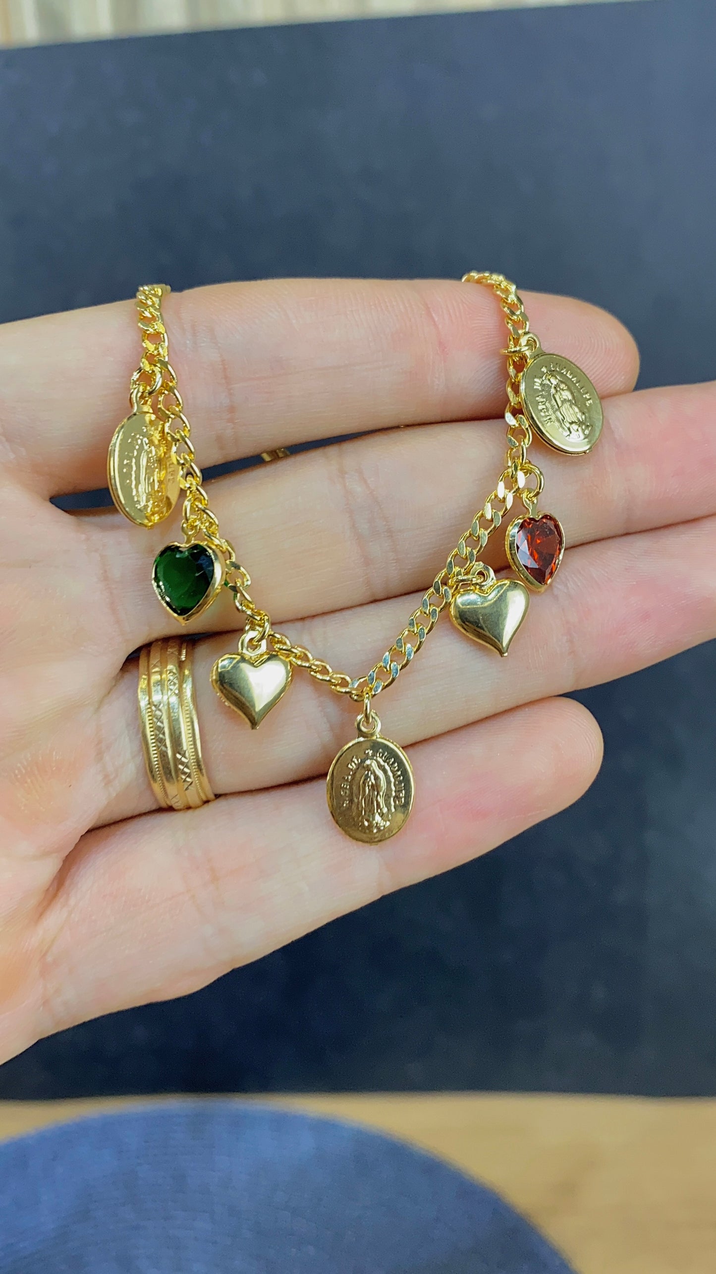 Curb Heart CZ Virgen de Guadalupe Bracelet 7.5"