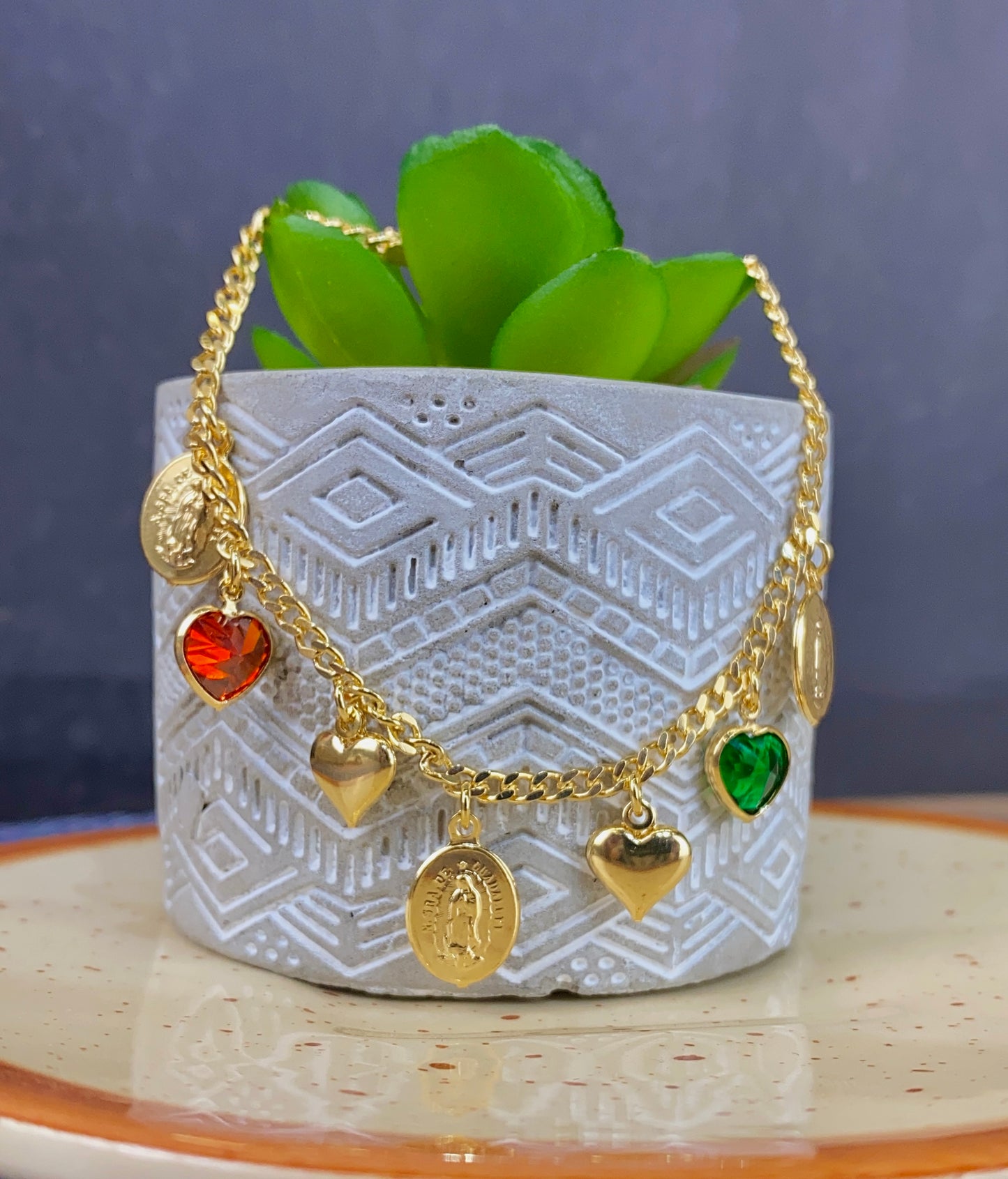 Curb Heart CZ Virgen de Guadalupe Bracelet 7.5"