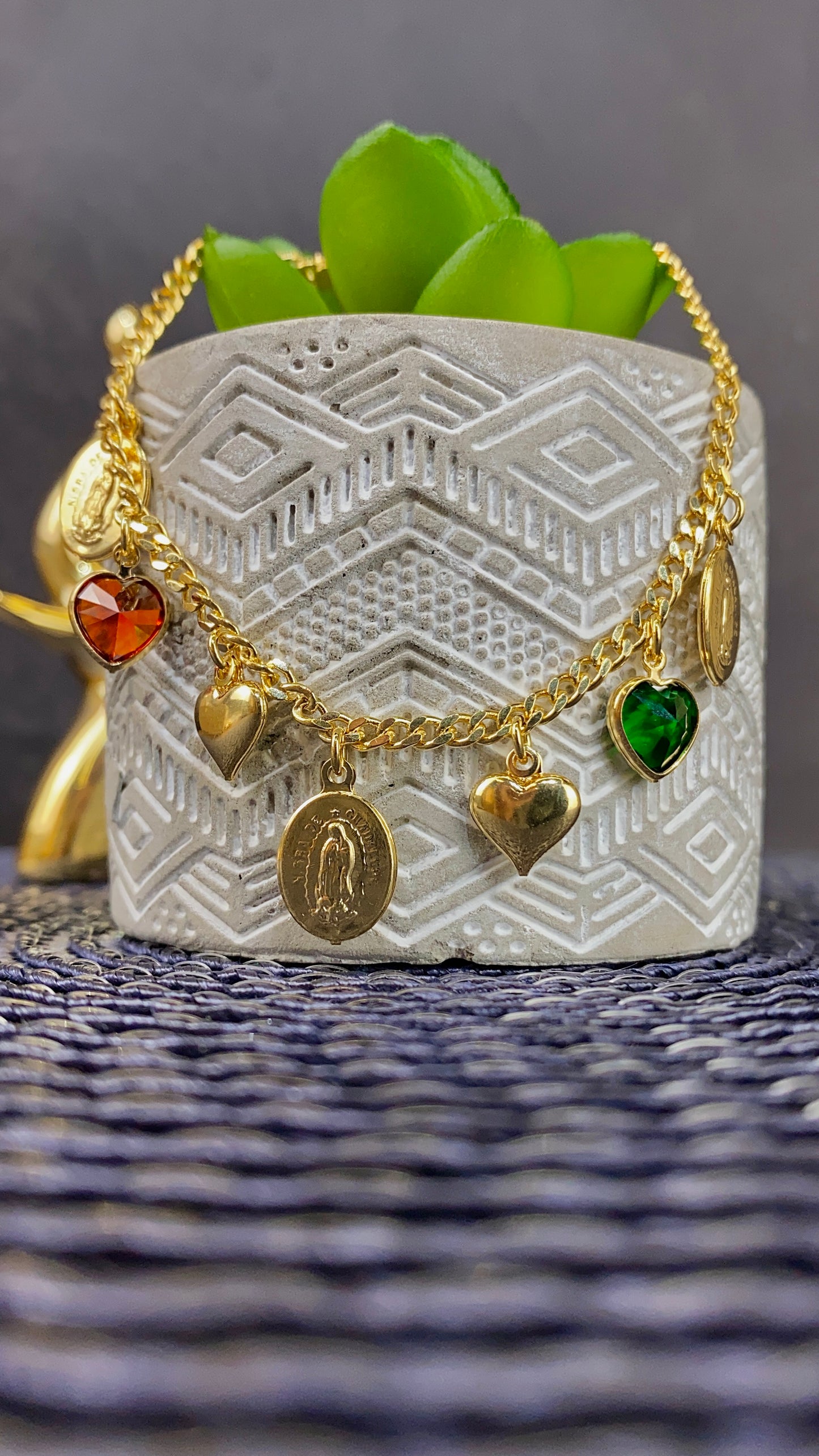 Curb Heart CZ Virgen de Guadalupe Bracelet 7.5"