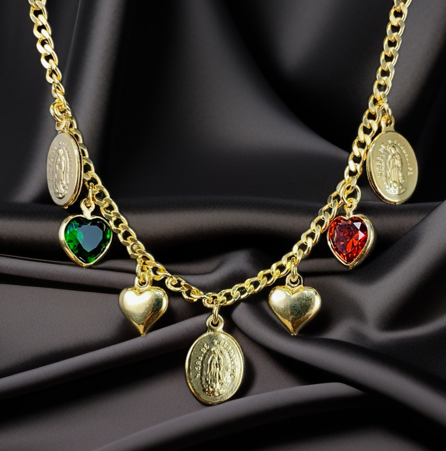 Curb Heart CZ Virgen de Guadalupe Bracelet 7.5"