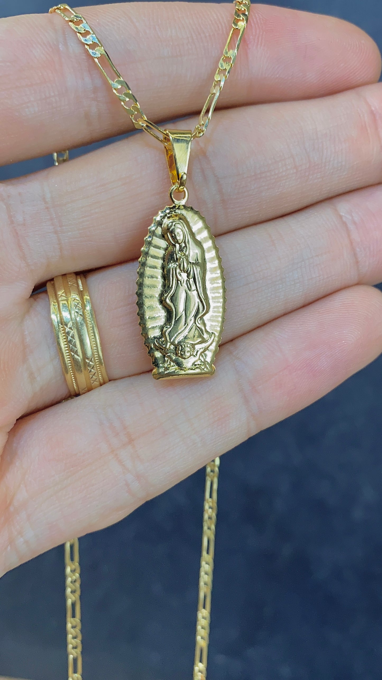 Virgen de Guadalupe Necklace All Yellow Figaro Chain 20"