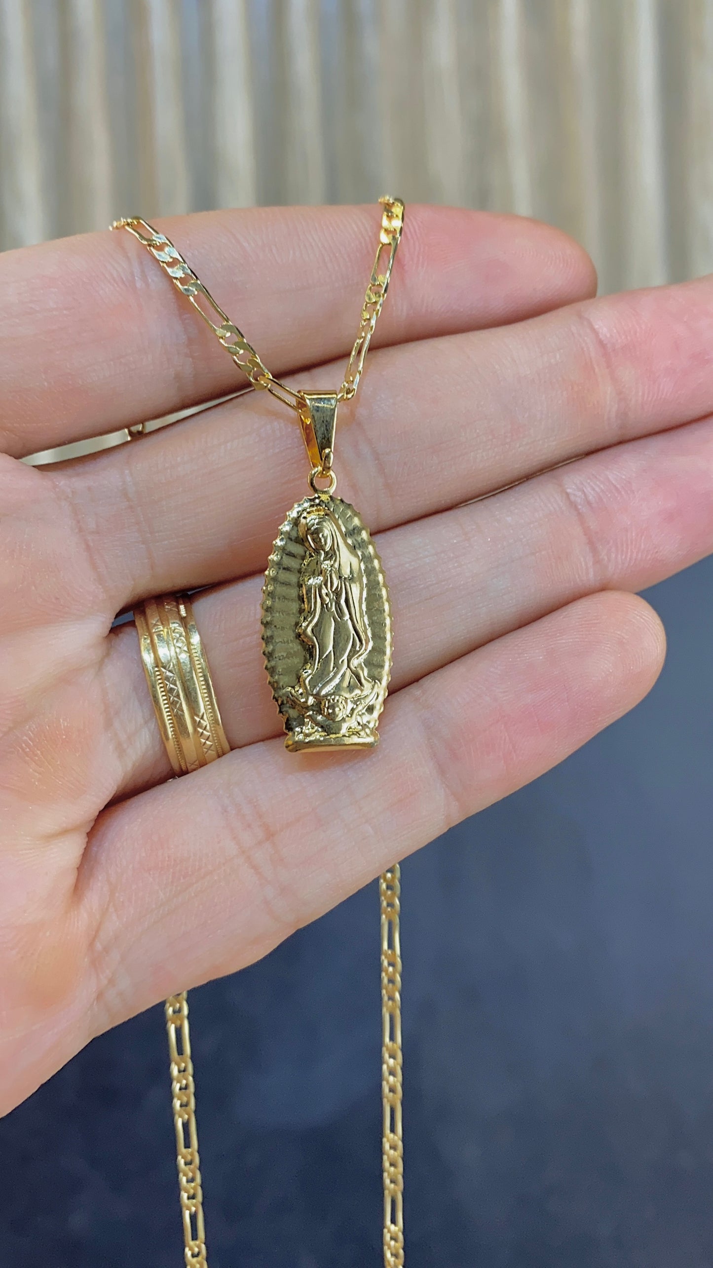 Virgen de Guadalupe Necklace All Yellow Figaro Chain 20"