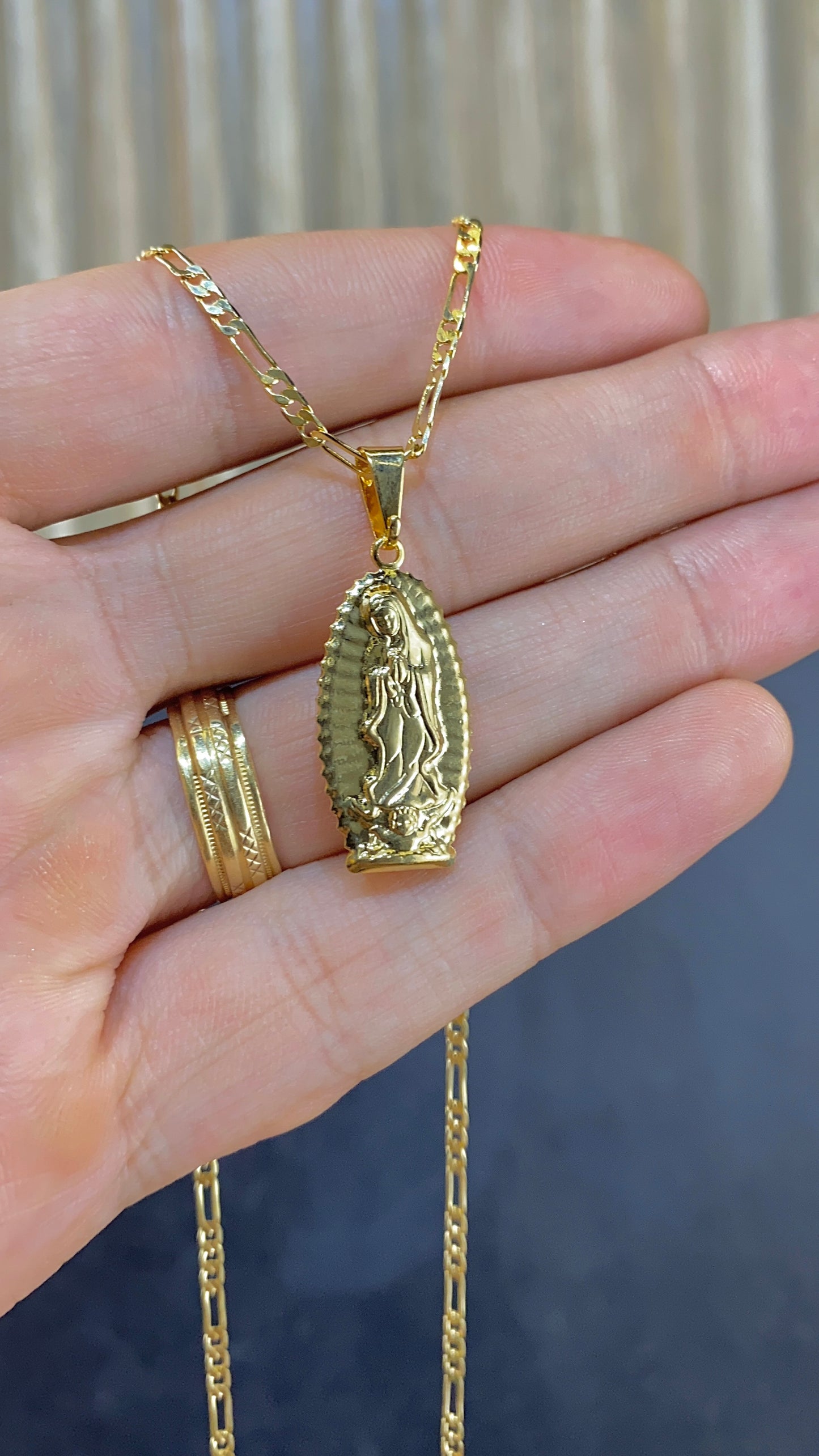 Virgen de Guadalupe Necklace All Yellow Figaro Chain 20"