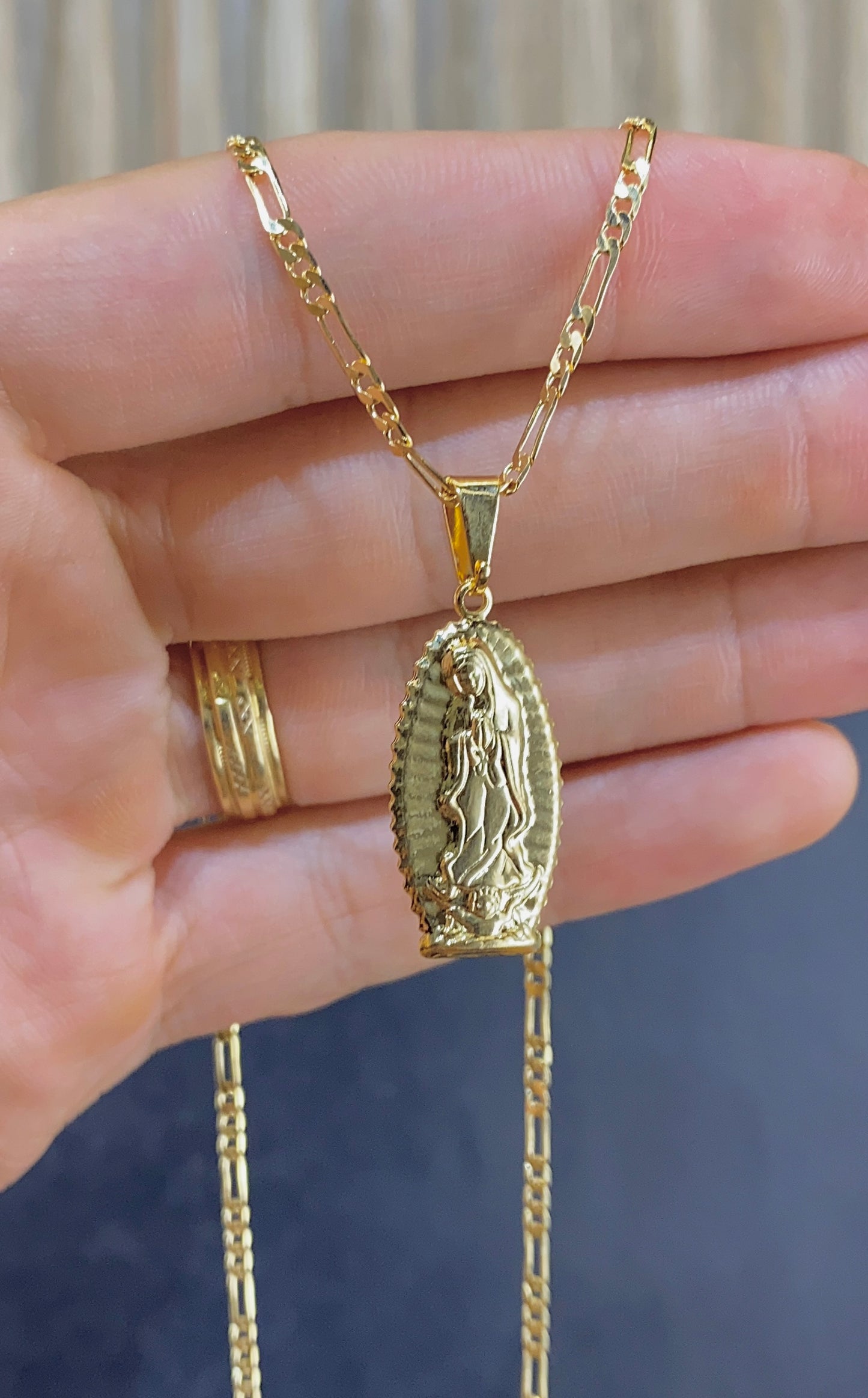 Virgen de Guadalupe Necklace All Yellow Figaro Chain 20"