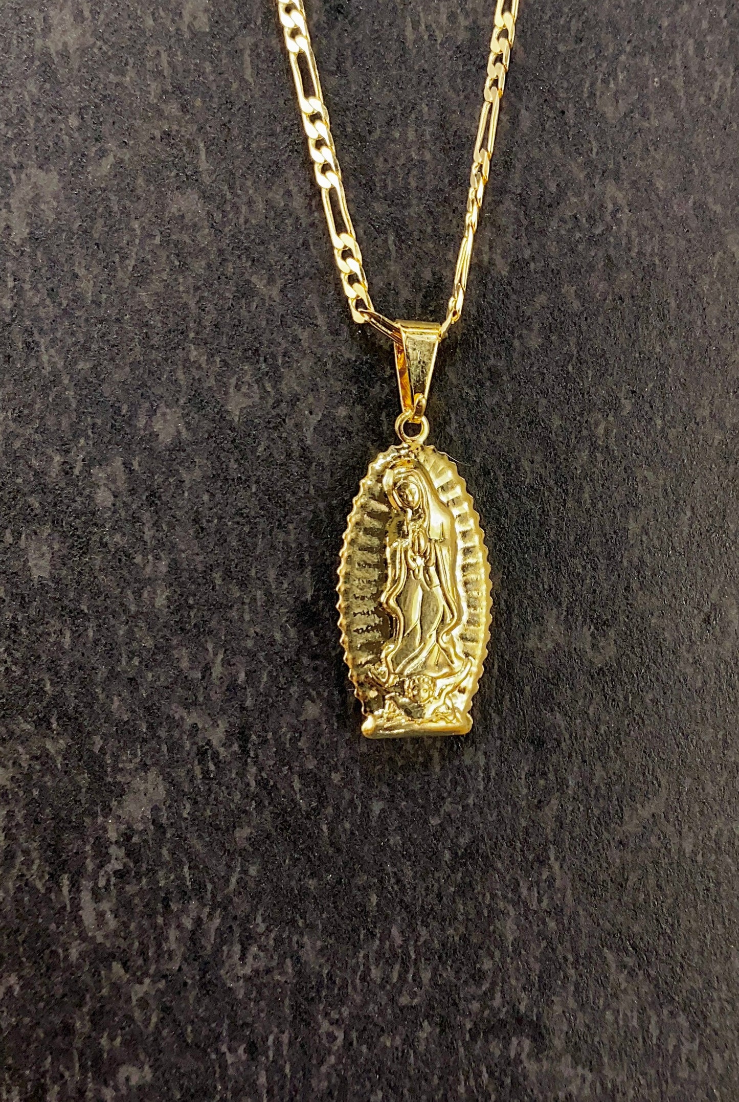 Virgen de Guadalupe Necklace All Yellow Figaro Chain 20"