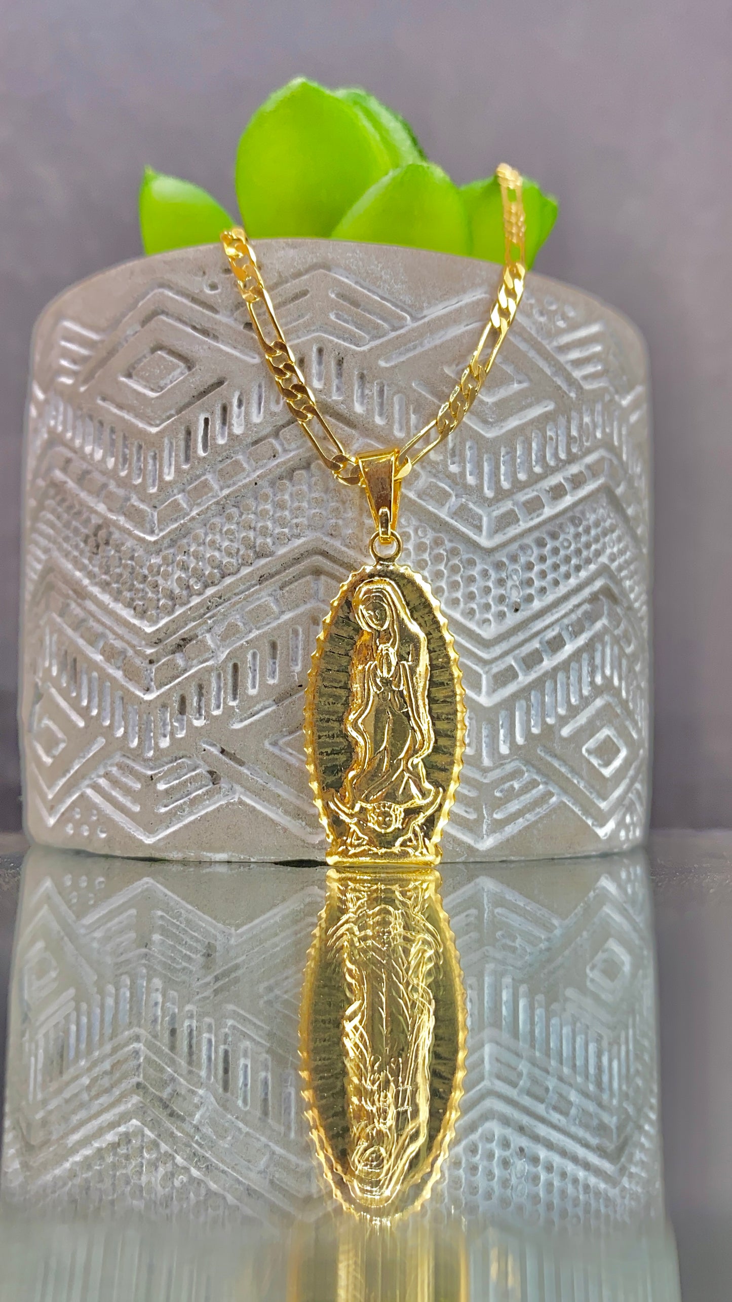 Virgen de Guadalupe Necklace All Yellow Figaro Chain 20"