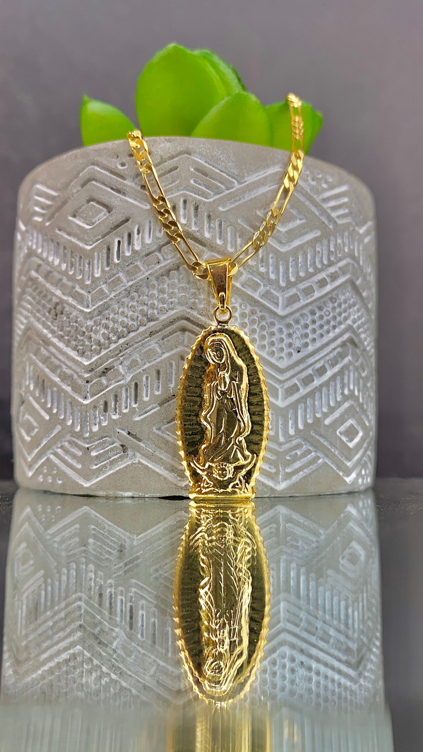 Virgen de Guadalupe Necklace All Yellow Figaro Chain 20"