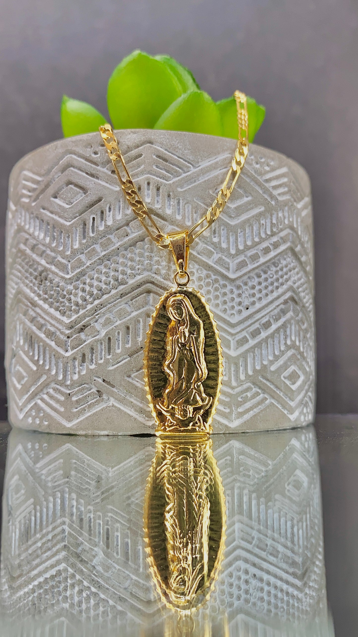 Virgen de Guadalupe Necklace All Yellow Figaro Chain 20"