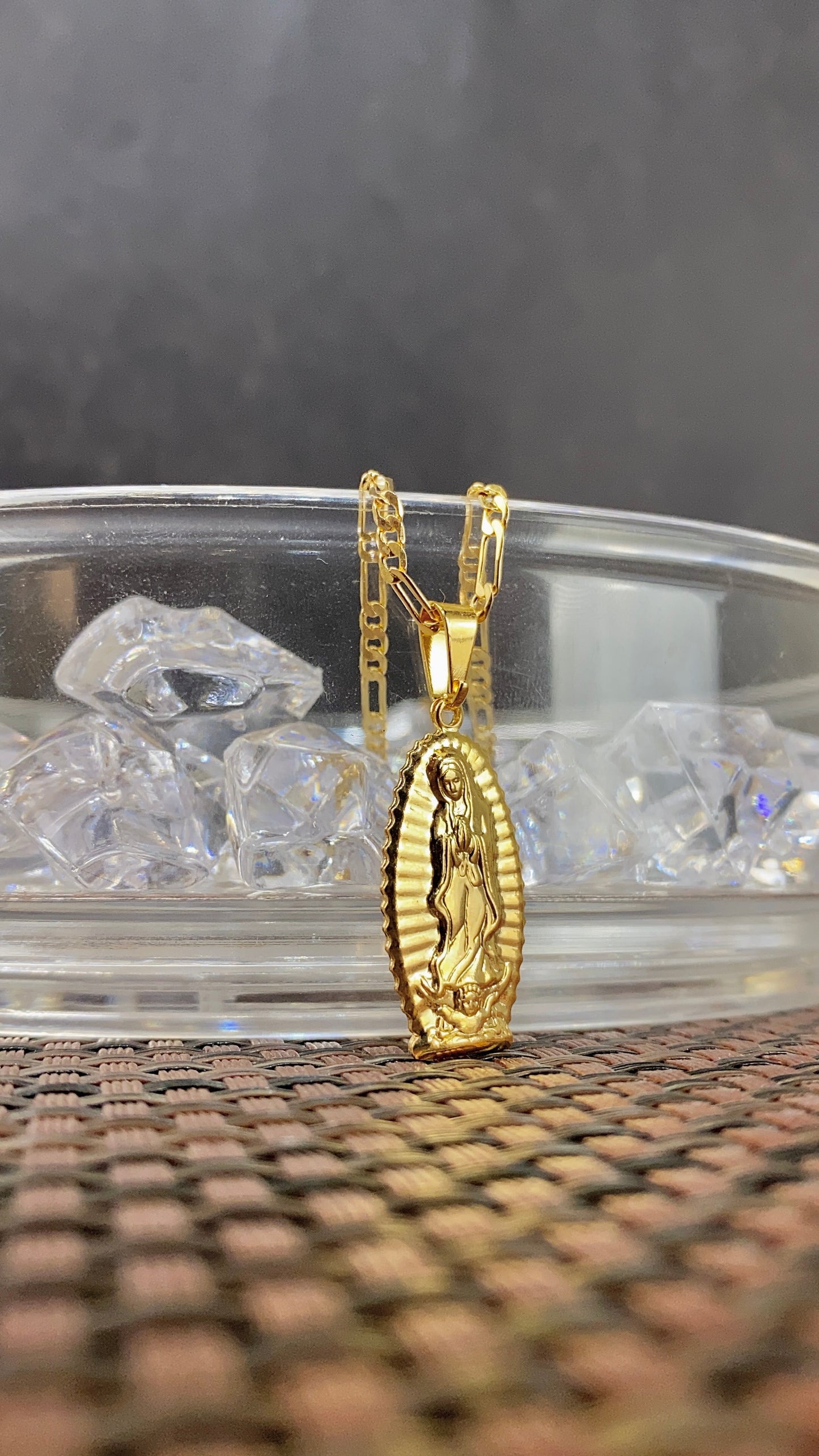 Virgen de Guadalupe Necklace All Yellow Figaro Chain 20"