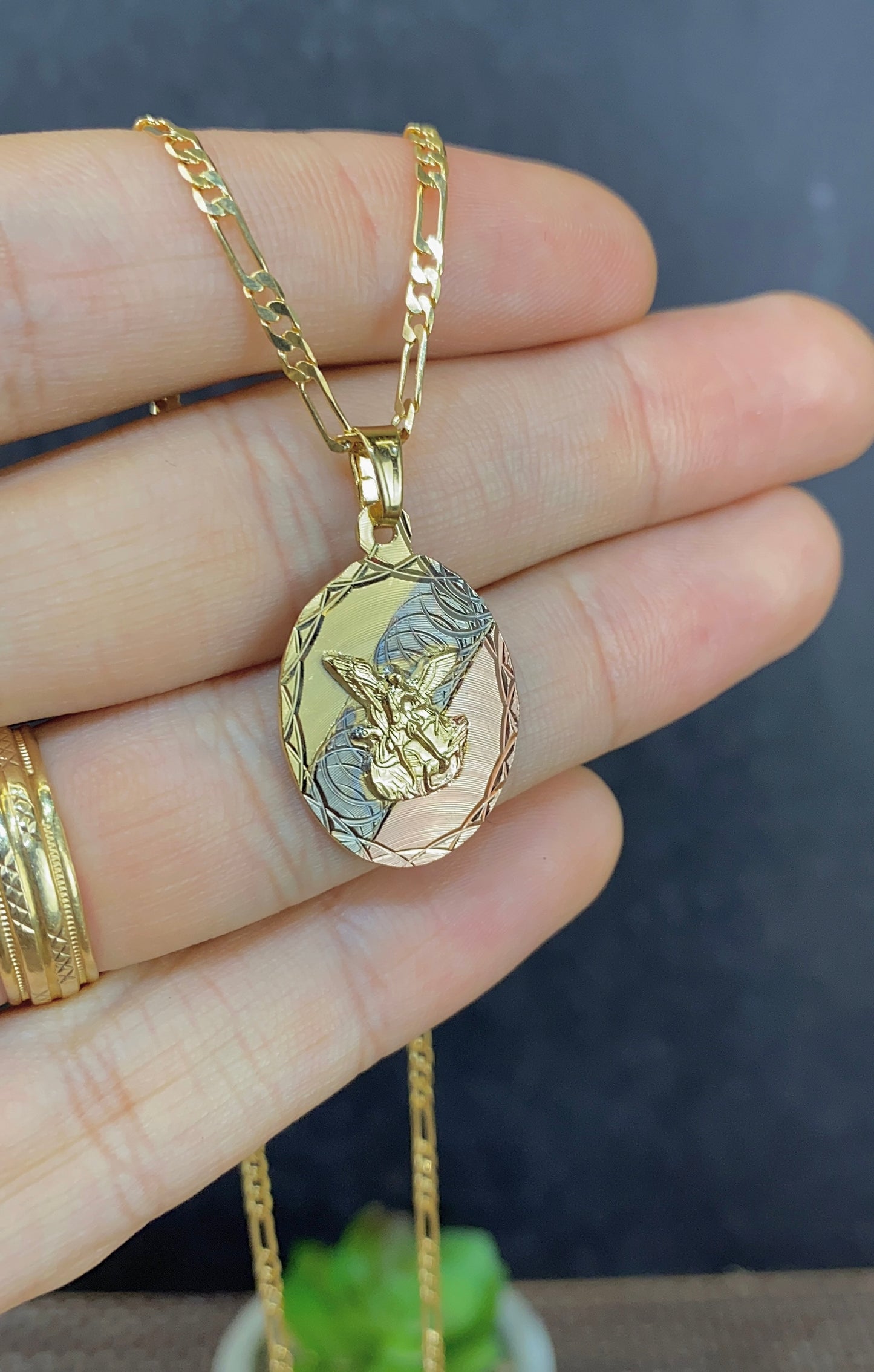 Tri Color Saint Michael Pendant Necklace Figaro Chain