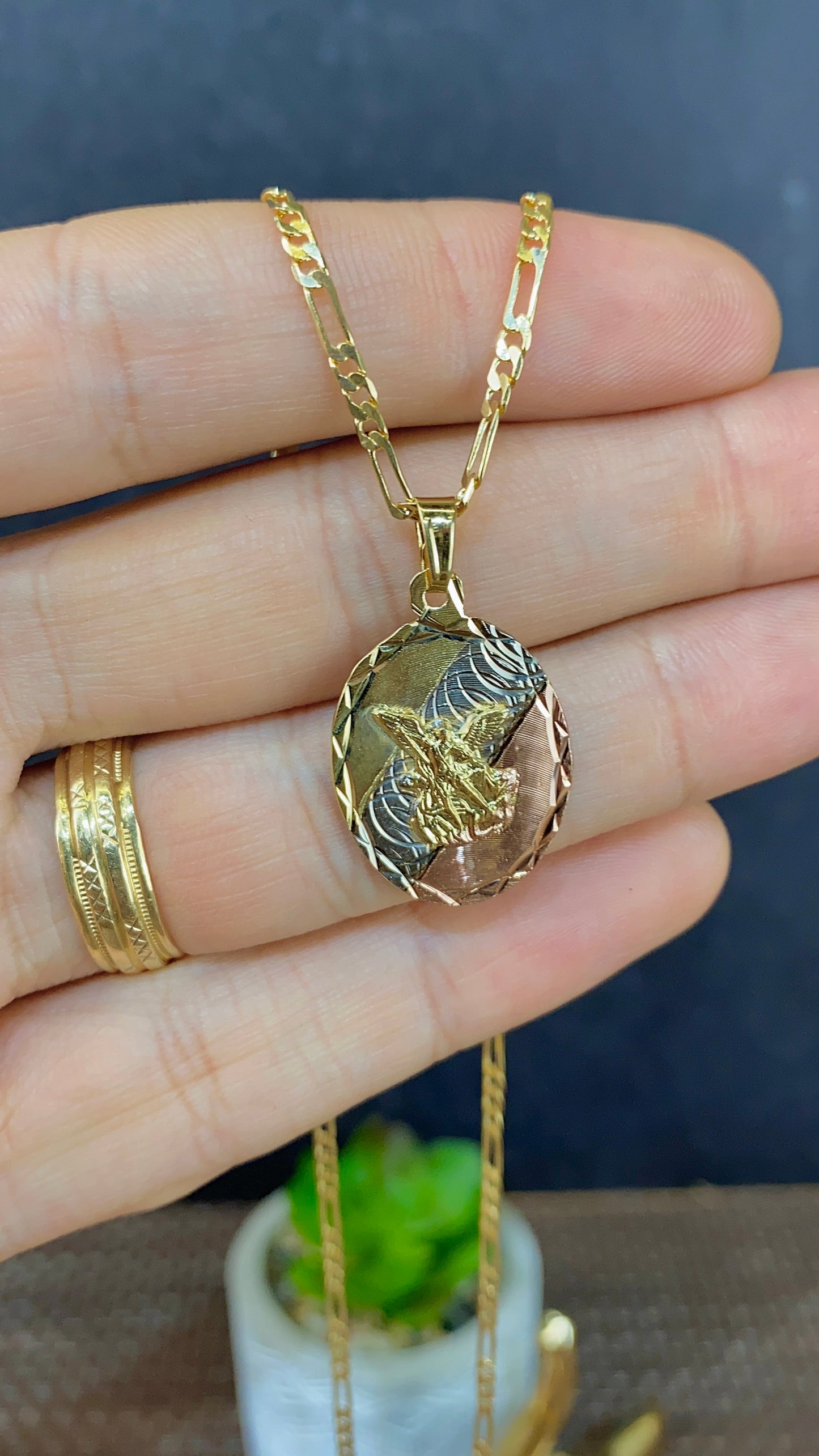 Tri Color Saint Michael Pendant Necklace Figaro Chain
