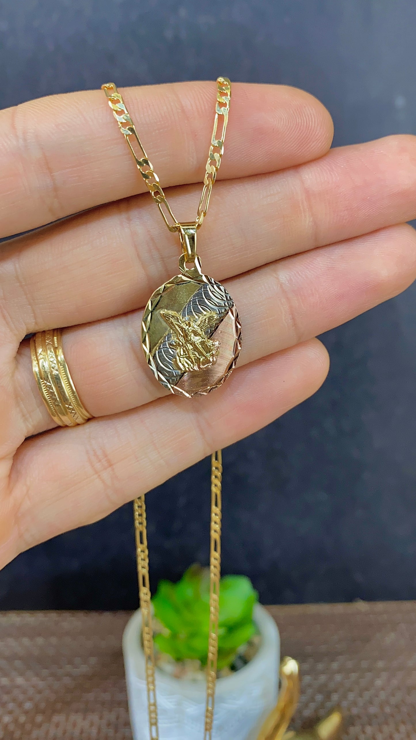 Tri Color Saint Michael Pendant Necklace Figaro Chain