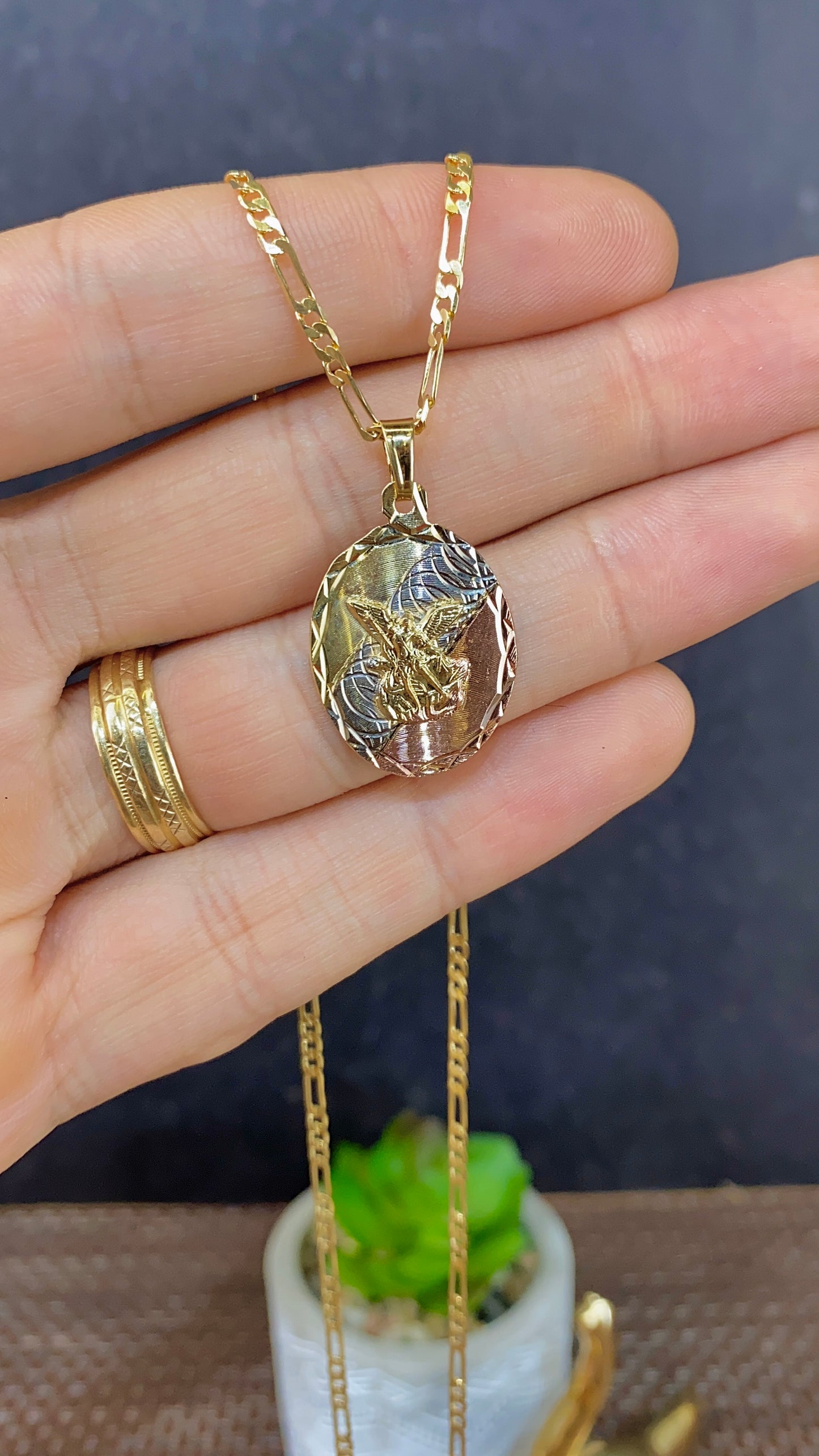 Tri Color Saint Michael Pendant Necklace Figaro Chain