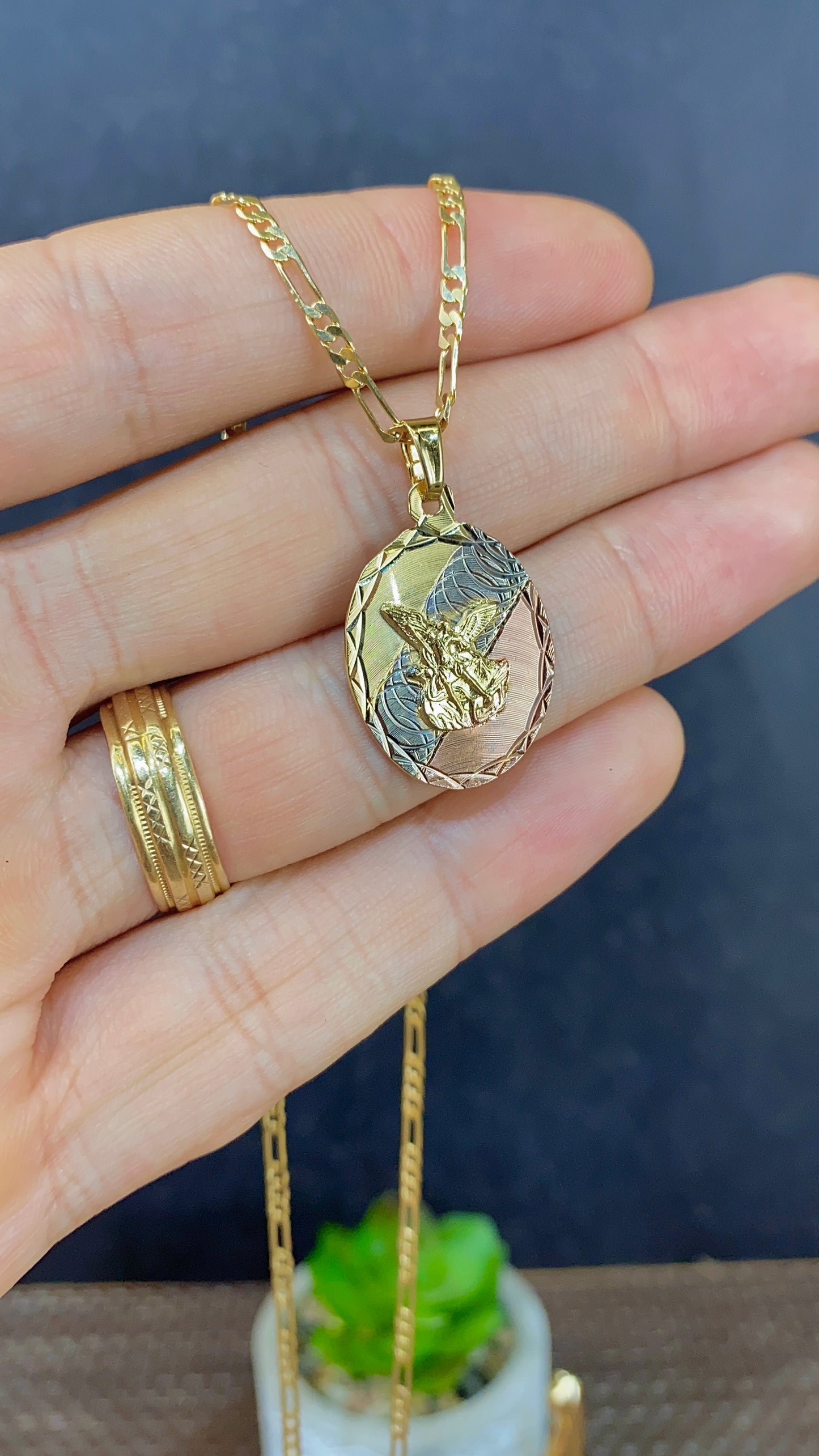 Tri Color Saint Michael Pendant Necklace Figaro Chain