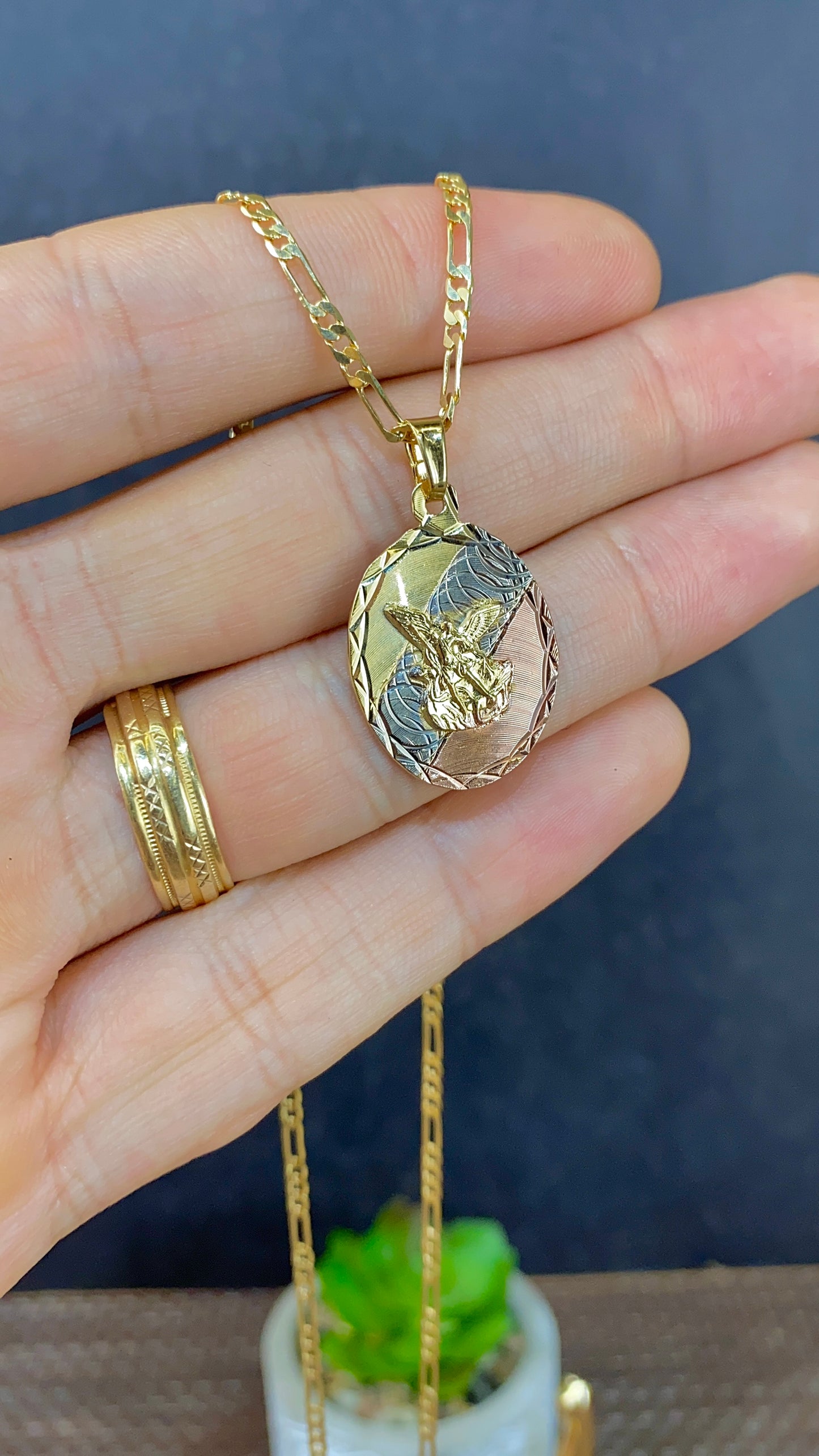 Tri Color Saint Michael Pendant Necklace Figaro Chain