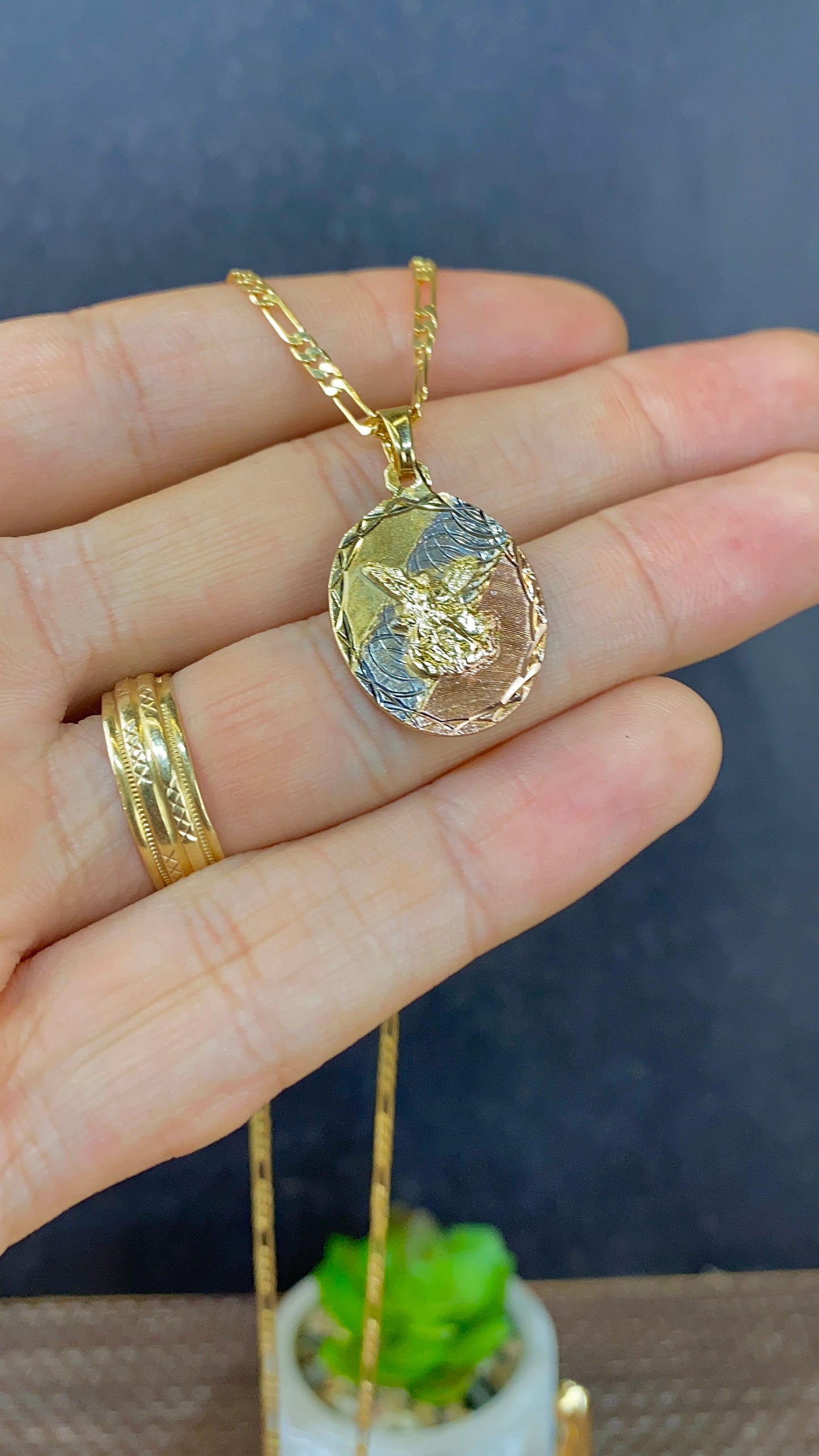 Tri Color Saint Michael Pendant Necklace Figaro Chain