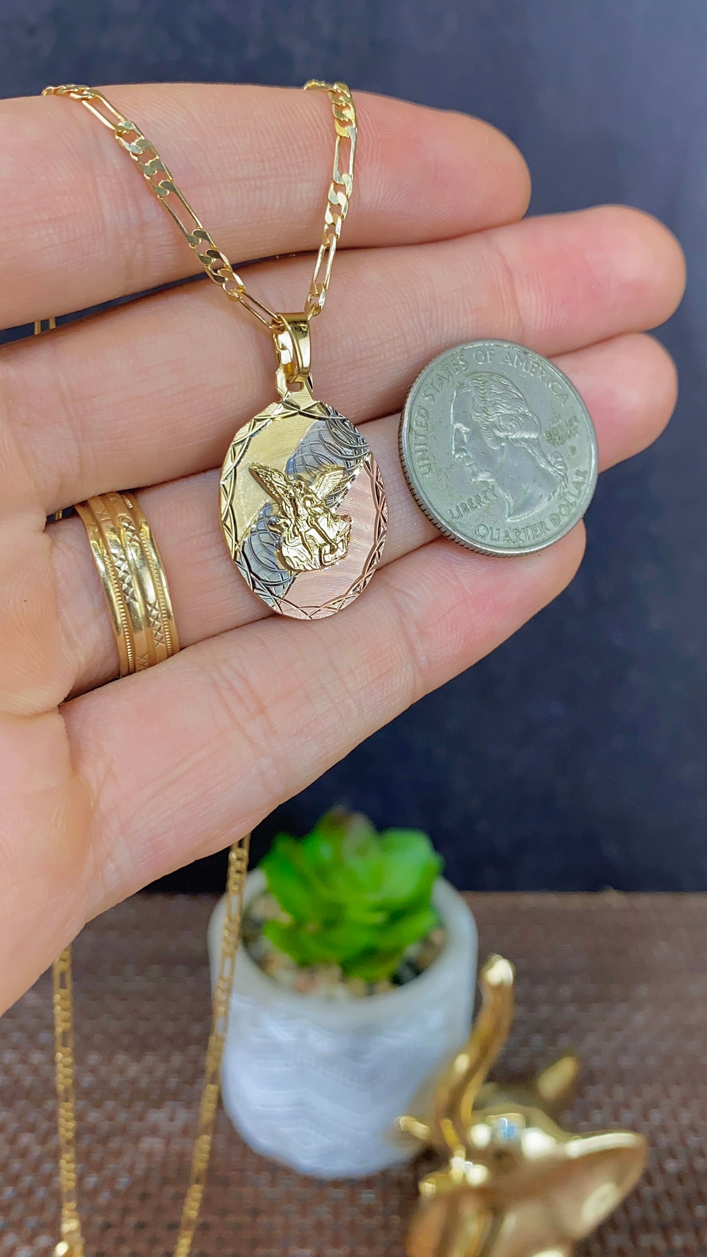 Tri Color Saint Michael Pendant Necklace Figaro Chain