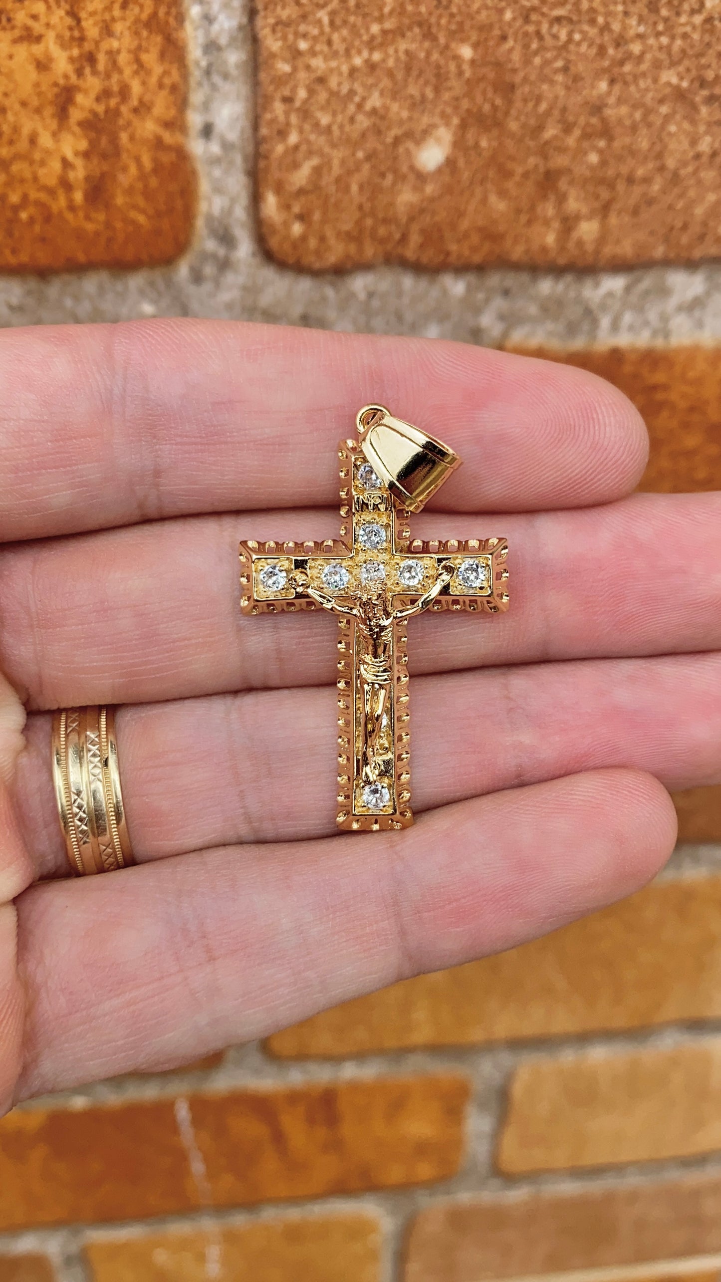 CZ Big Mens Cross Pendant Charm 41x26mm 14K Gold Filled