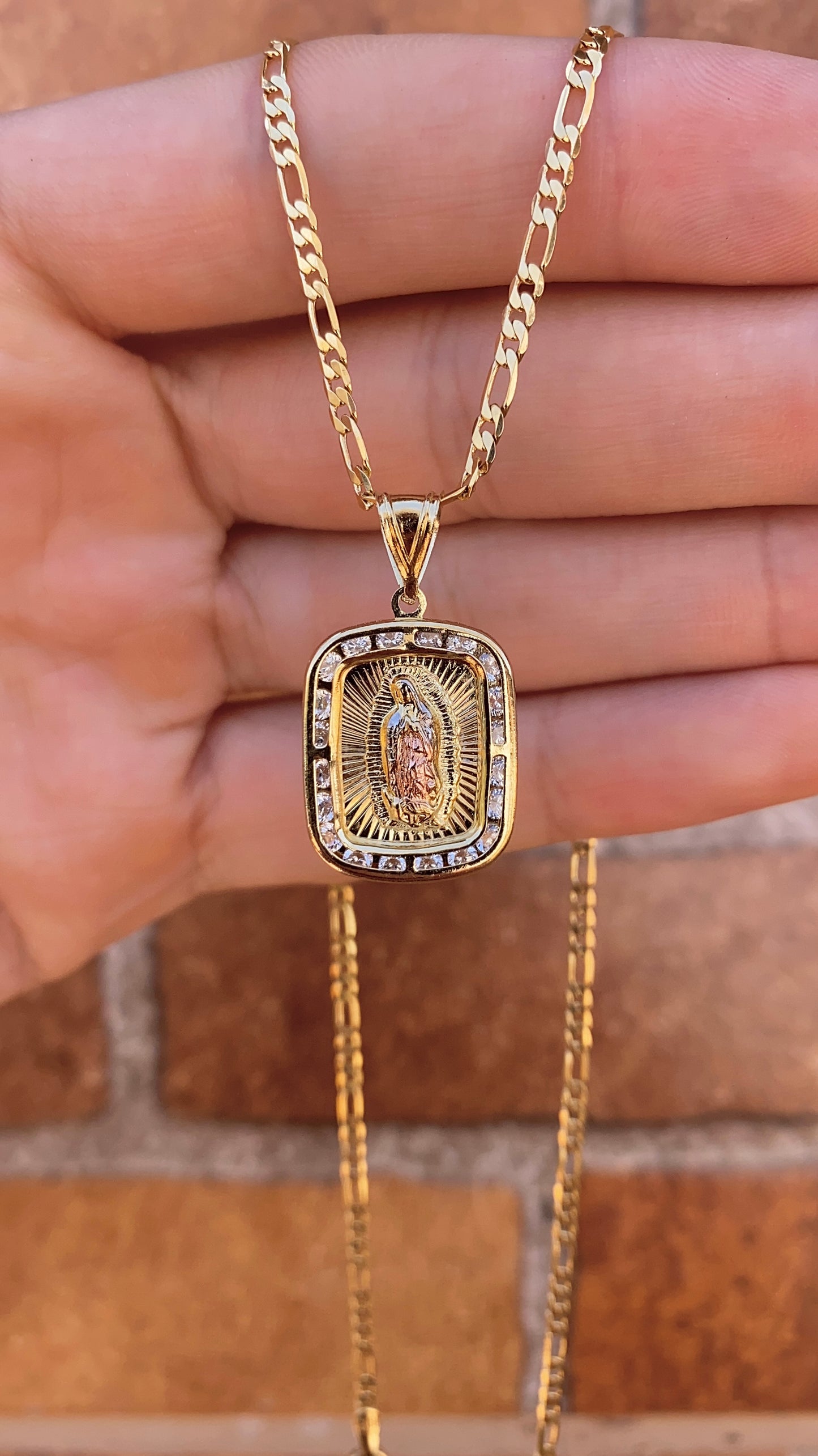 Virgencita de Guadalupe Necklace Figaro Chain Pendant 14K GF Gifts Religious Jewelry Fashion For Womens