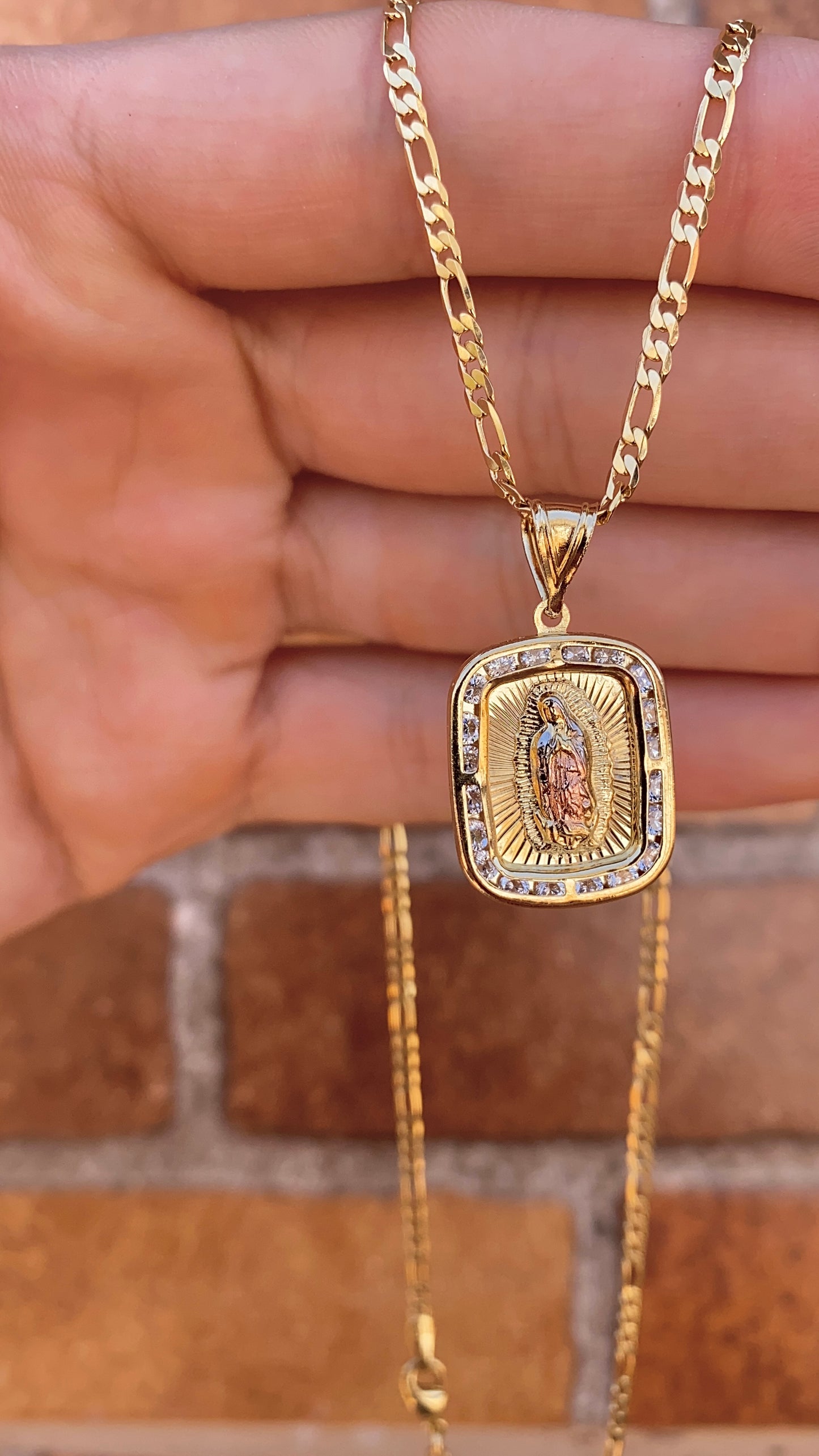 Virgencita de Guadalupe Necklace Figaro Chain Pendant 14K GF Gifts Religious Jewelry Fashion For Womens