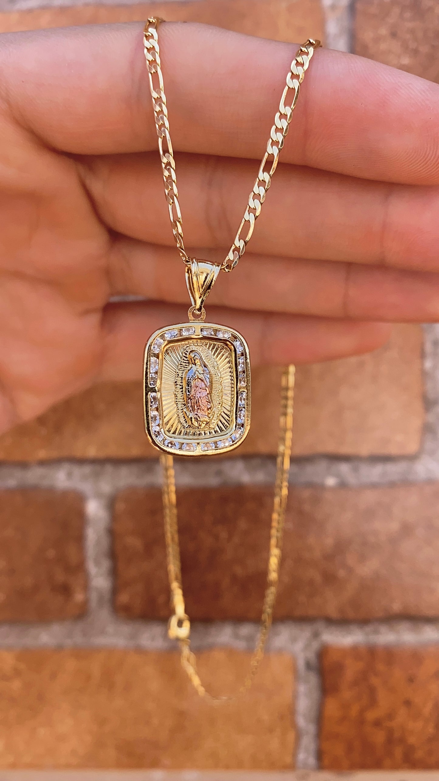 Virgencita de Guadalupe Necklace Figaro Chain Pendant 14K GF Gifts Religious Jewelry Fashion For Womens