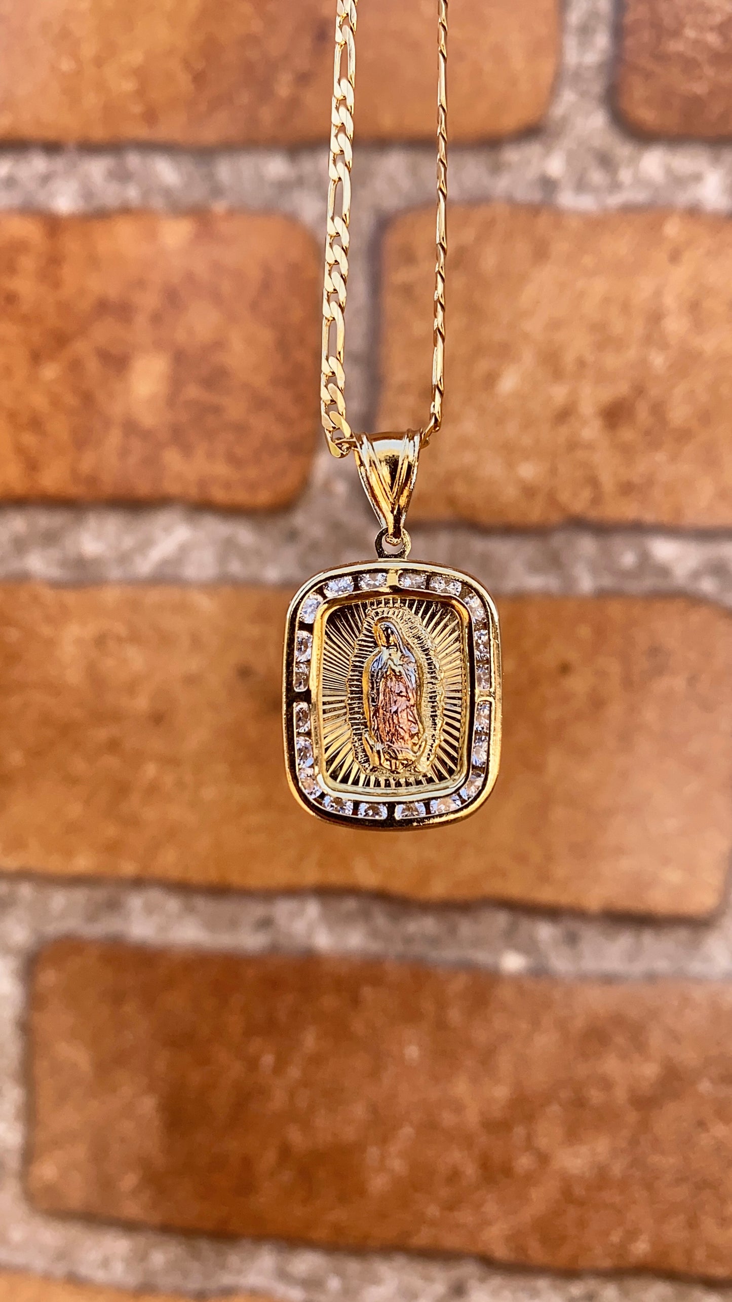 Virgencita de Guadalupe Necklace Figaro Chain Pendant 14K GF Gifts Religious Jewelry Fashion For Womens