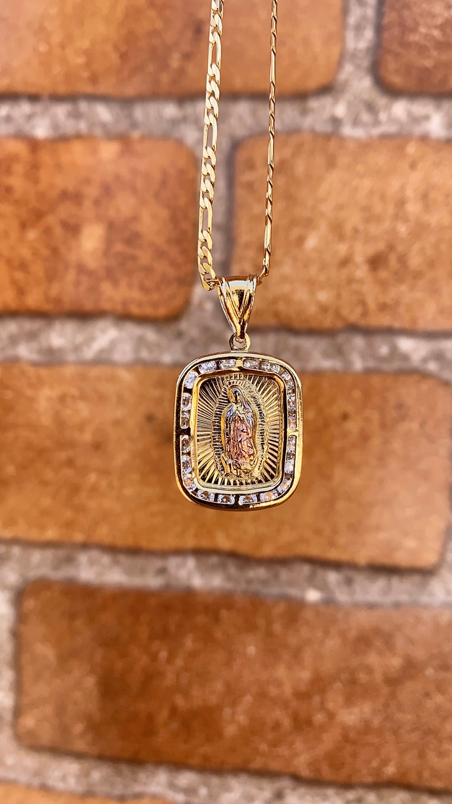 Virgencita de Guadalupe Necklace Figaro Chain Pendant 14K GF Gifts Religious Jewelry Fashion For Womens