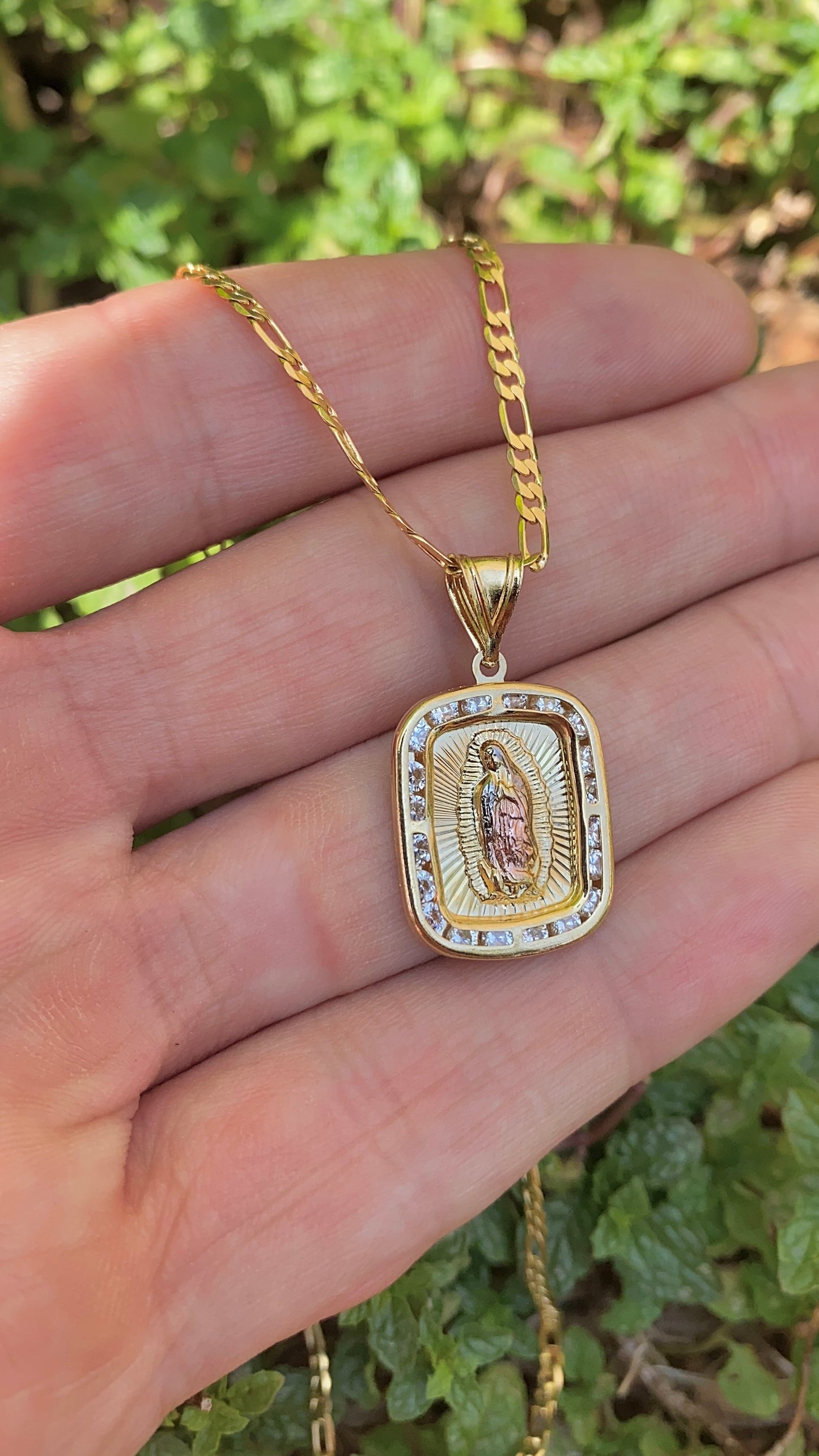 Virgencita de Guadalupe Necklace Figaro Chain Pendant 14K GF Gifts Religious Jewelry Fashion For Womens