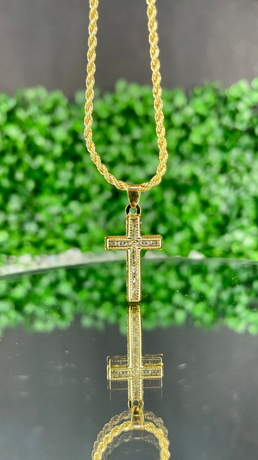 CZ Cross Necklace Rope Chain 18" Gold Filled