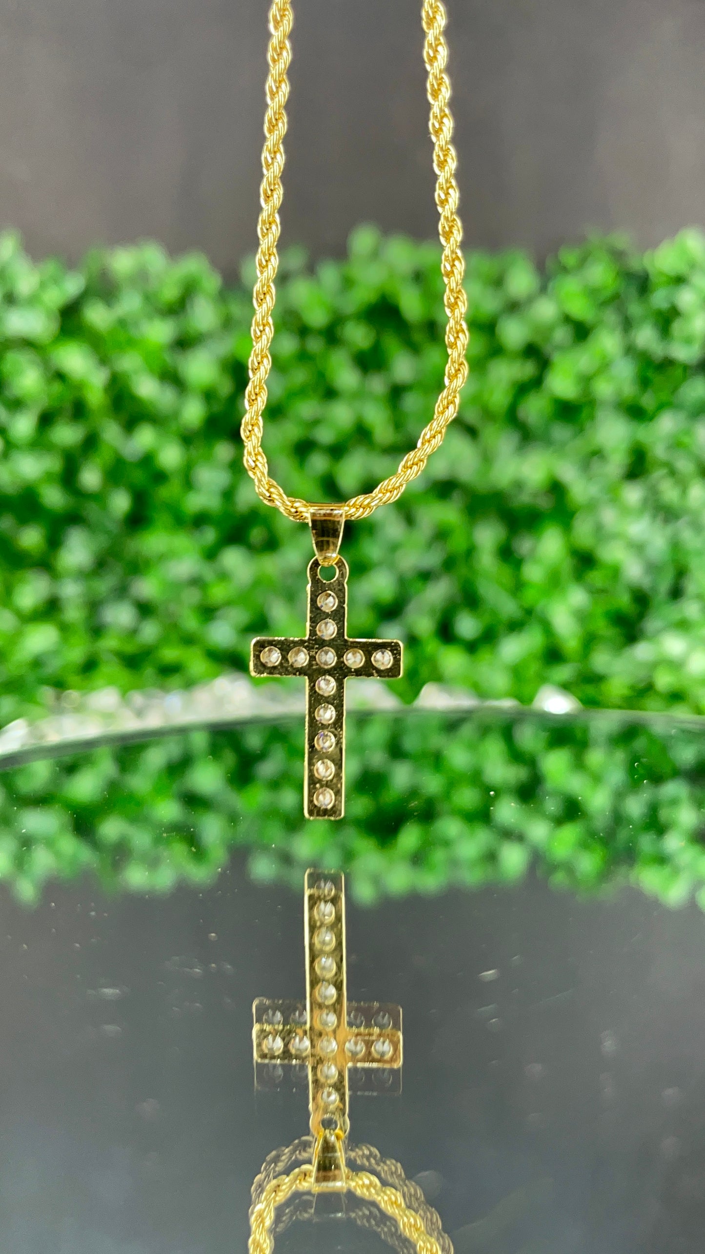 CZ Cross Necklace Rope Chain 18" Gold Filled