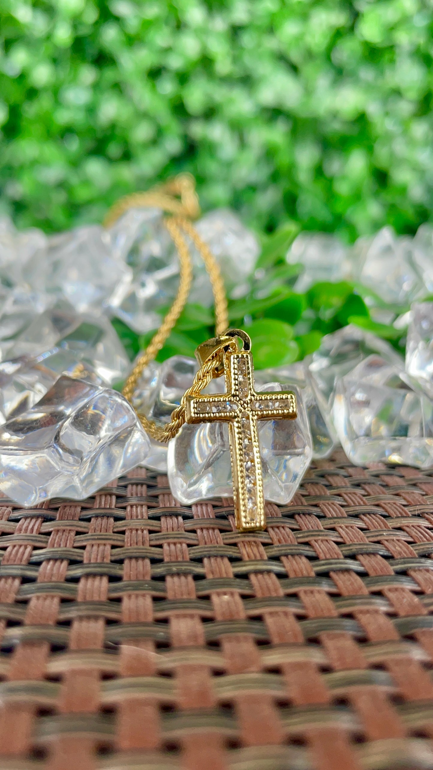 CZ Cross Necklace Rope Chain 18" Gold Filled