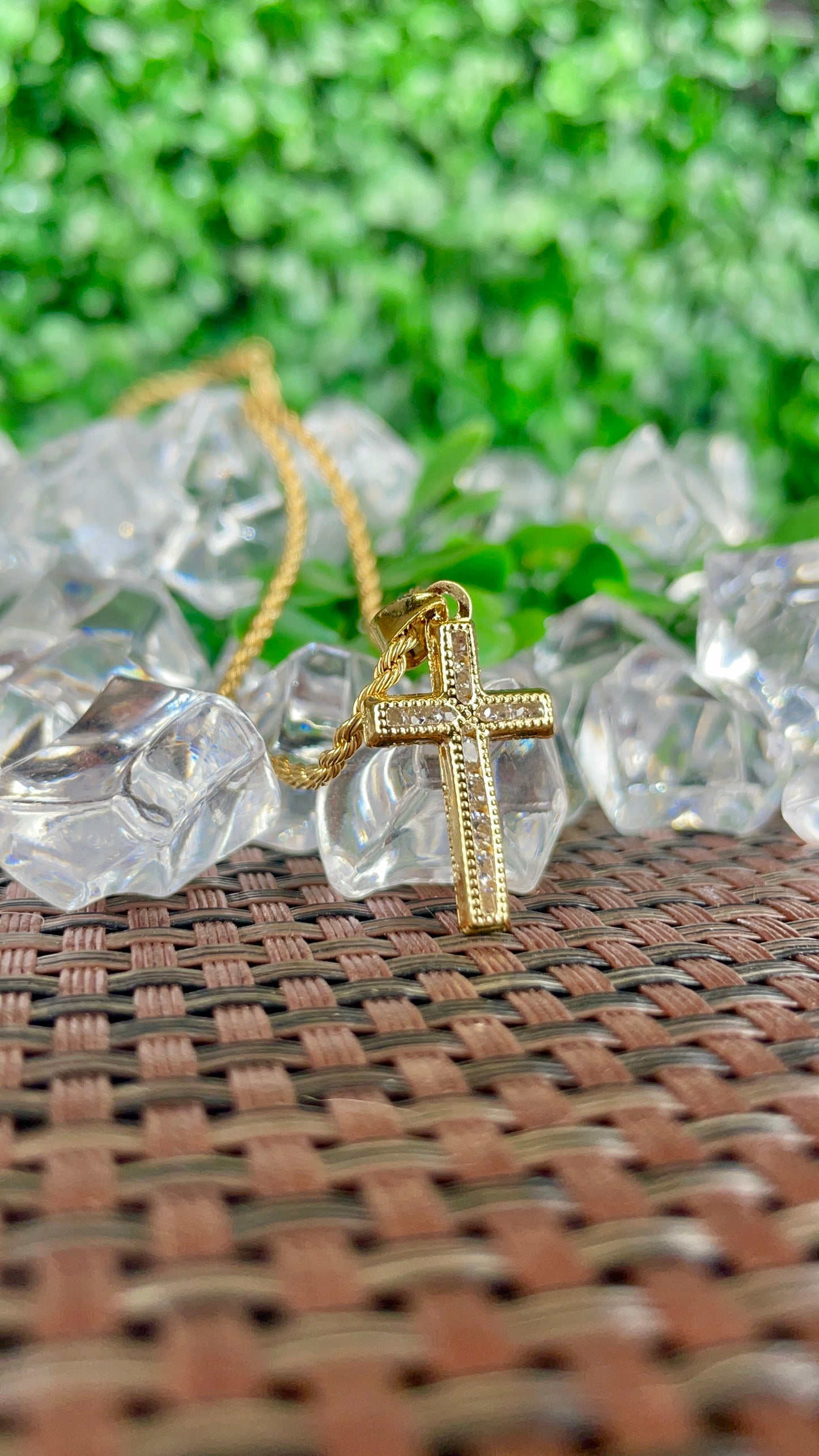 CZ Cross Necklace Rope Chain 18" Gold Filled