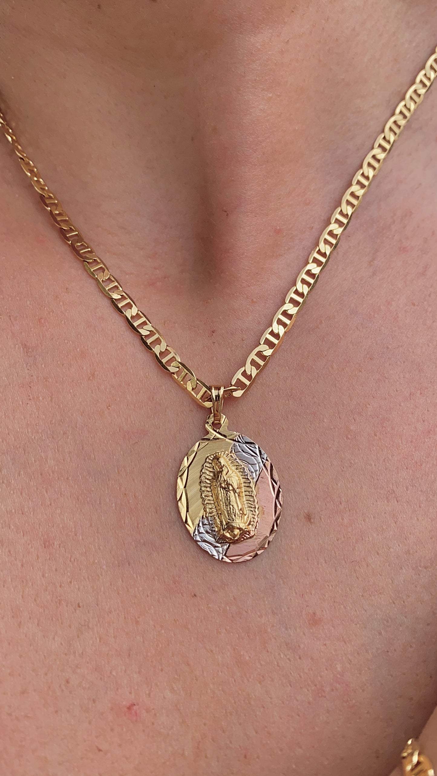 Tri-Color Virgen de Guadalupe Necklace 20" and Bracelet 7.5" 14K Gold Filled Womens Ladies