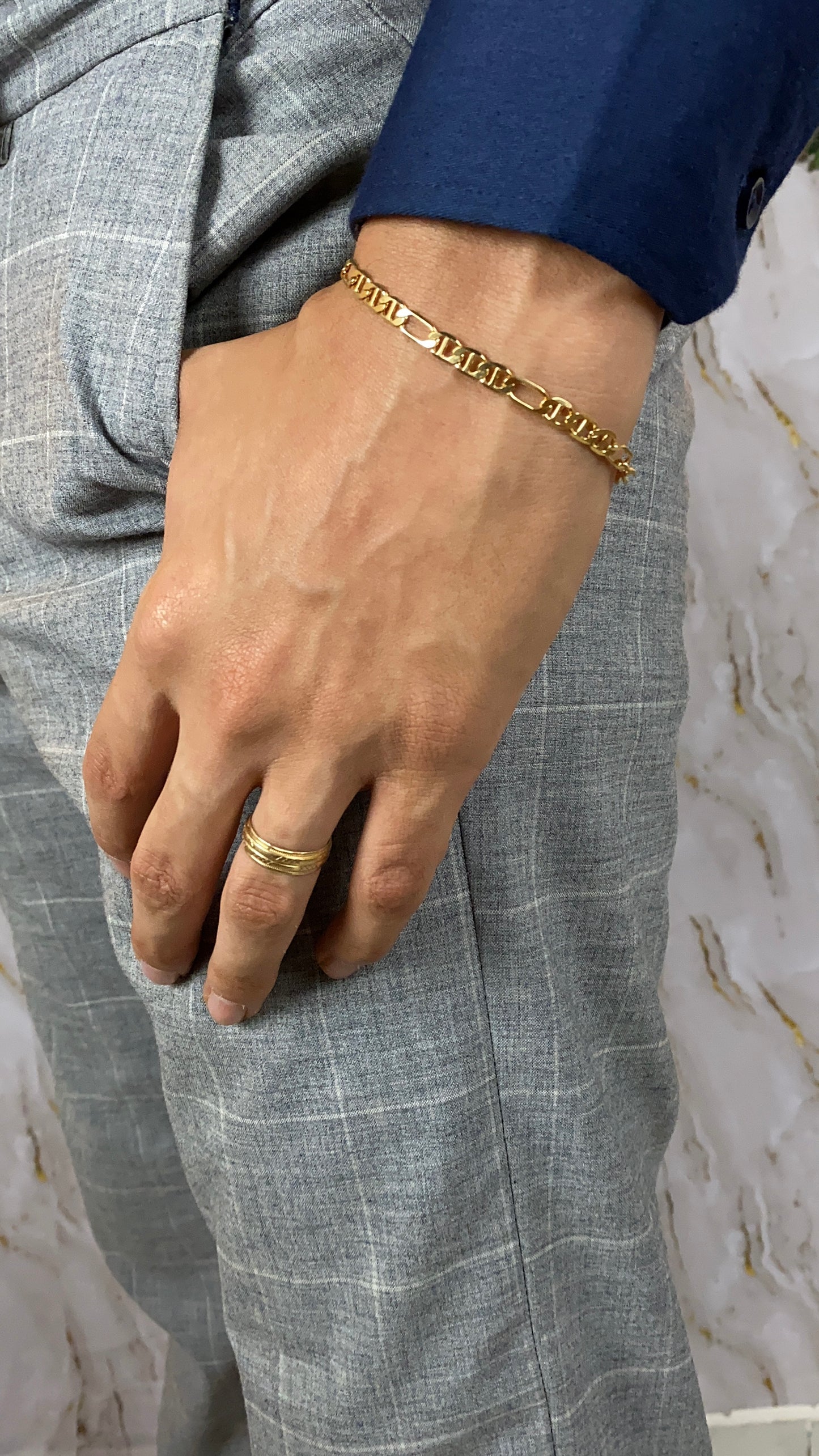 14K Gold Filled Mariner Figaro Link Bracelet for Mens 7.5" Stylish