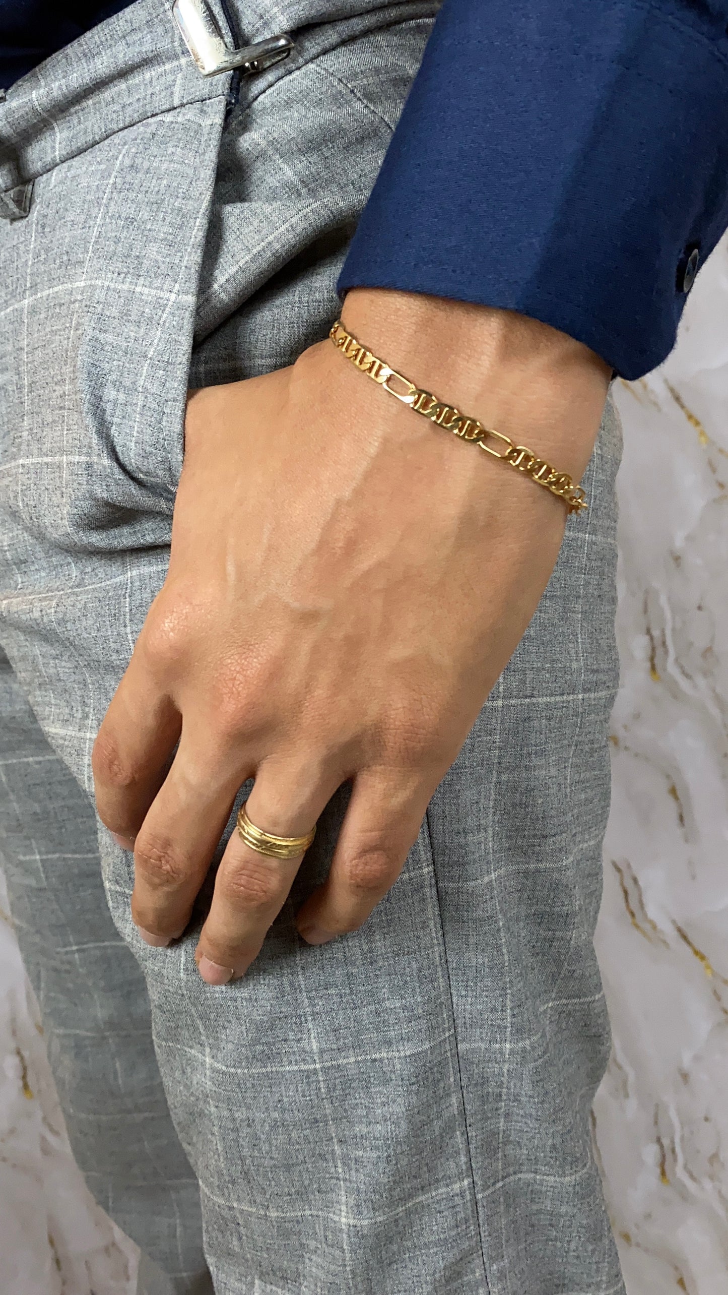 14K Gold Filled Mariner Figaro Link Bracelet for Mens 7.5" Stylish