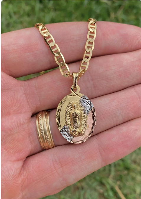 Virgen de Guadalupe Pendant Necklace 20" 14K Gold Filled Mariner Chain Jewelry Gifts Everyday Womens Mens