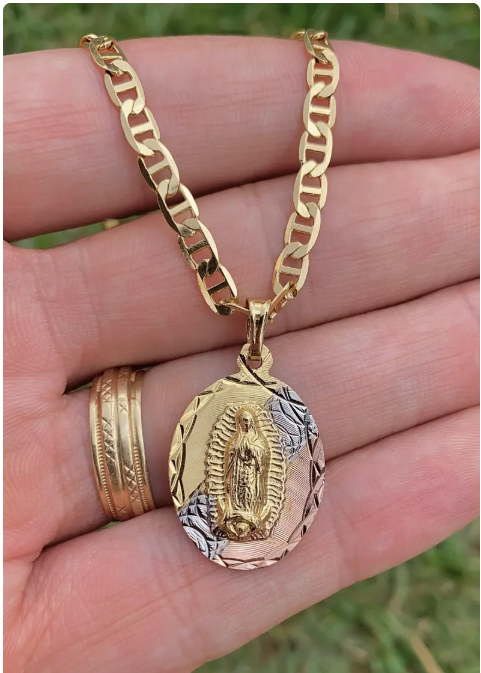 Virgen de Guadalupe Pendant Necklace 20" 14K Gold Filled Mariner Chain Jewelry Gifts Everyday Womens Mens