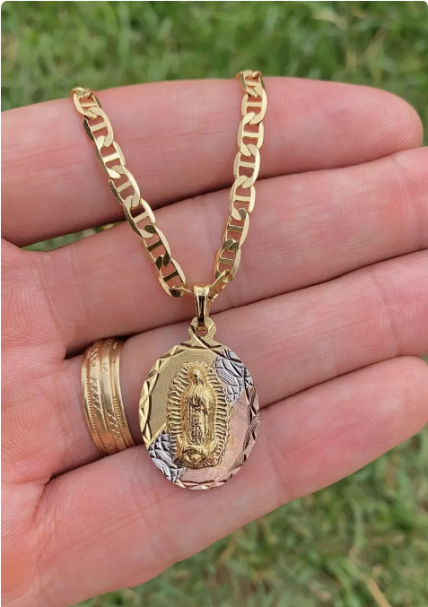 Virgen de Guadalupe Pendant Necklace 20" 14K Gold Filled Mariner Chain Jewelry Gifts Everyday Womens Mens