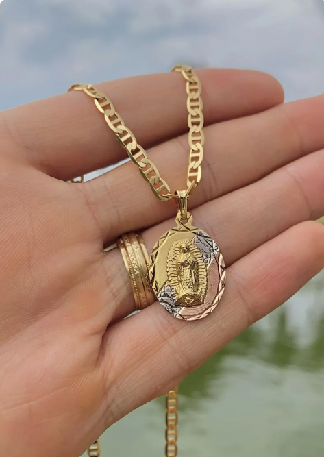 Virgen de Guadalupe Pendant Necklace 20" 14K Gold Filled Mariner Chain Jewelry Gifts Everyday Womens Mens