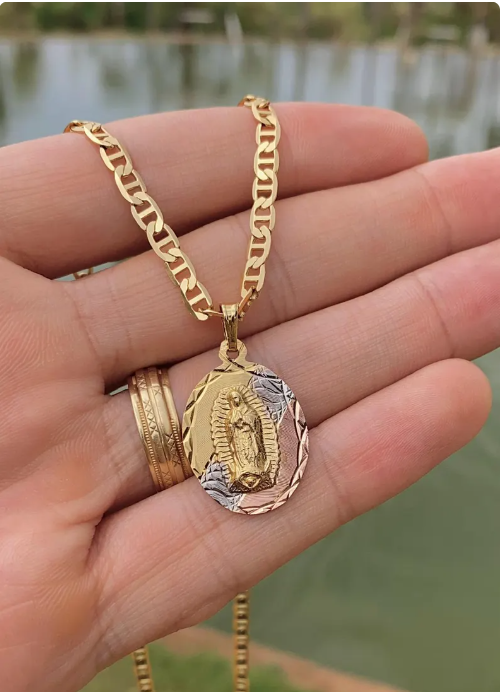 Virgen de Guadalupe Pendant Necklace 20" 14K Gold Filled Mariner Chain Jewelry Gifts Everyday Womens Mens