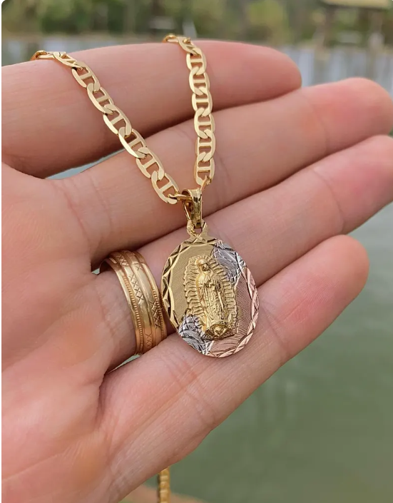 Virgen de Guadalupe Pendant Necklace 20" 14K Gold Filled Mariner Chain Jewelry Gifts Everyday Womens Mens